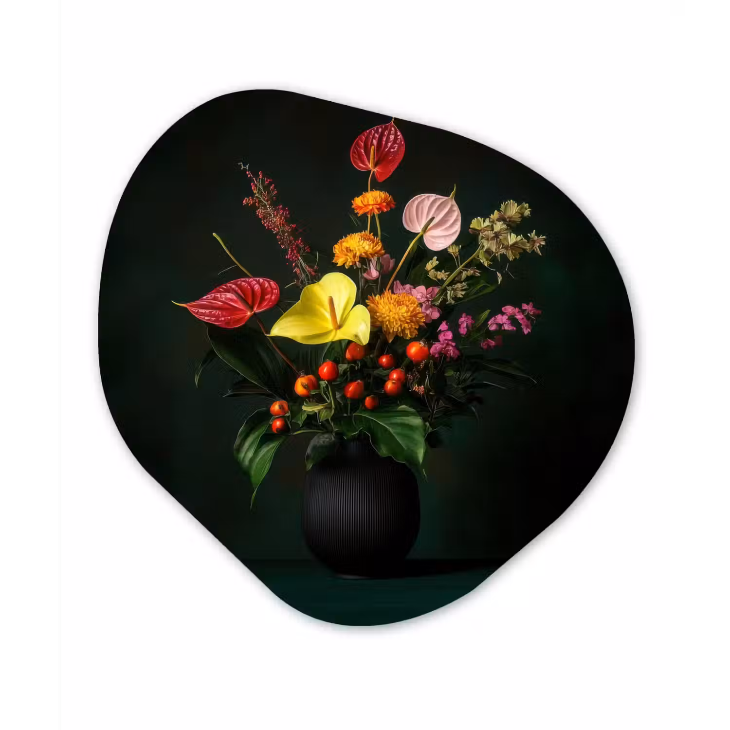 Bloemen - Vaas - Zwart Wandcirkel Organisch Forex 3mm klein -3d