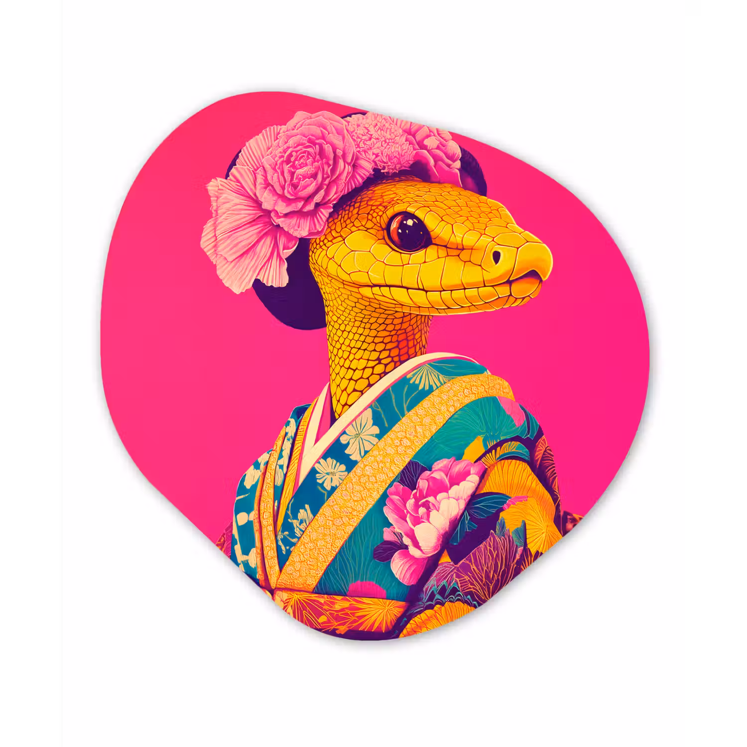 Hagedis - Bloemen - Roze - Kimono Wandcirkel Organisch Forex 3mm klein -3d