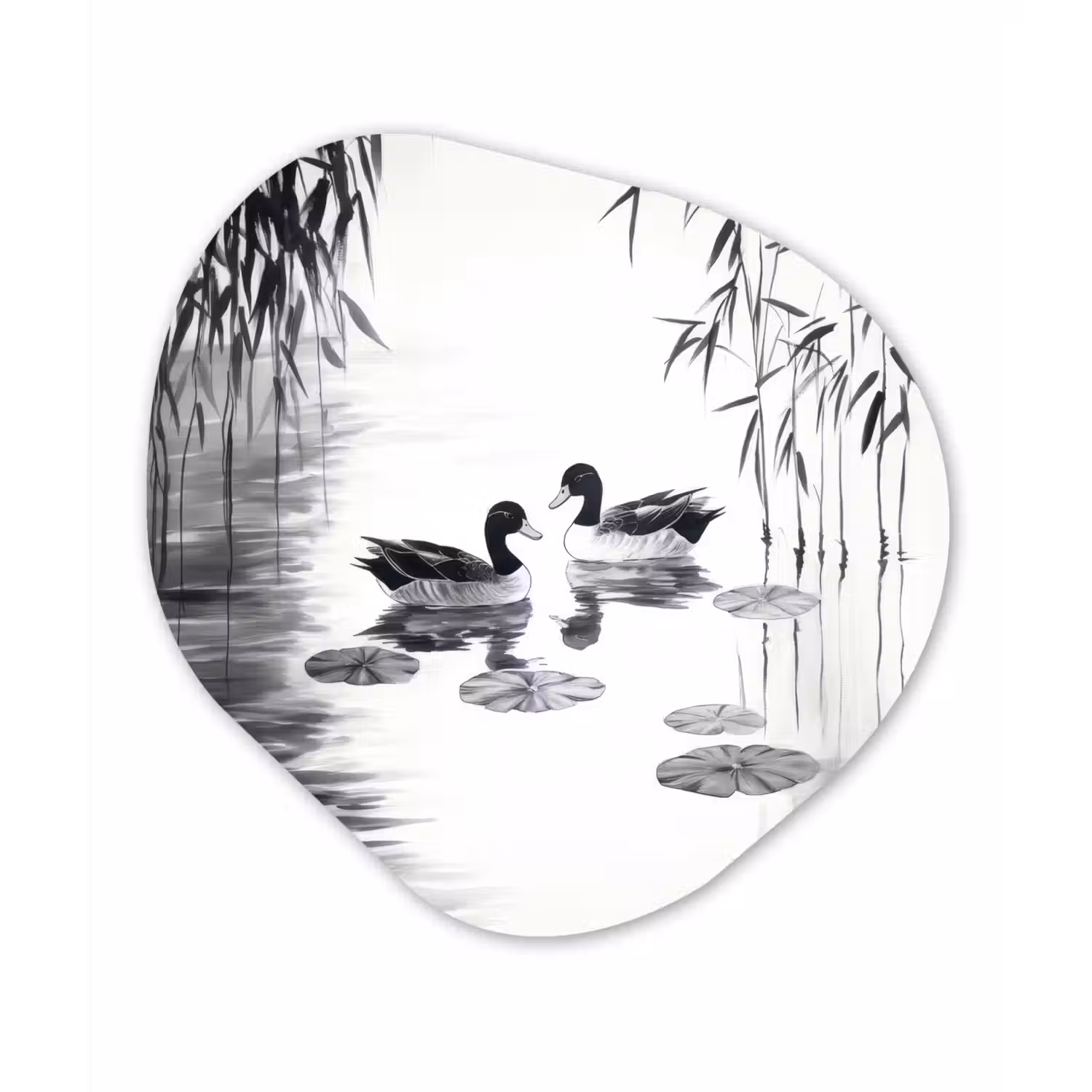 Eenden - Waterlelies - Riet - Zwart Wandcirkel Organisch Forex 3mm klein -3d