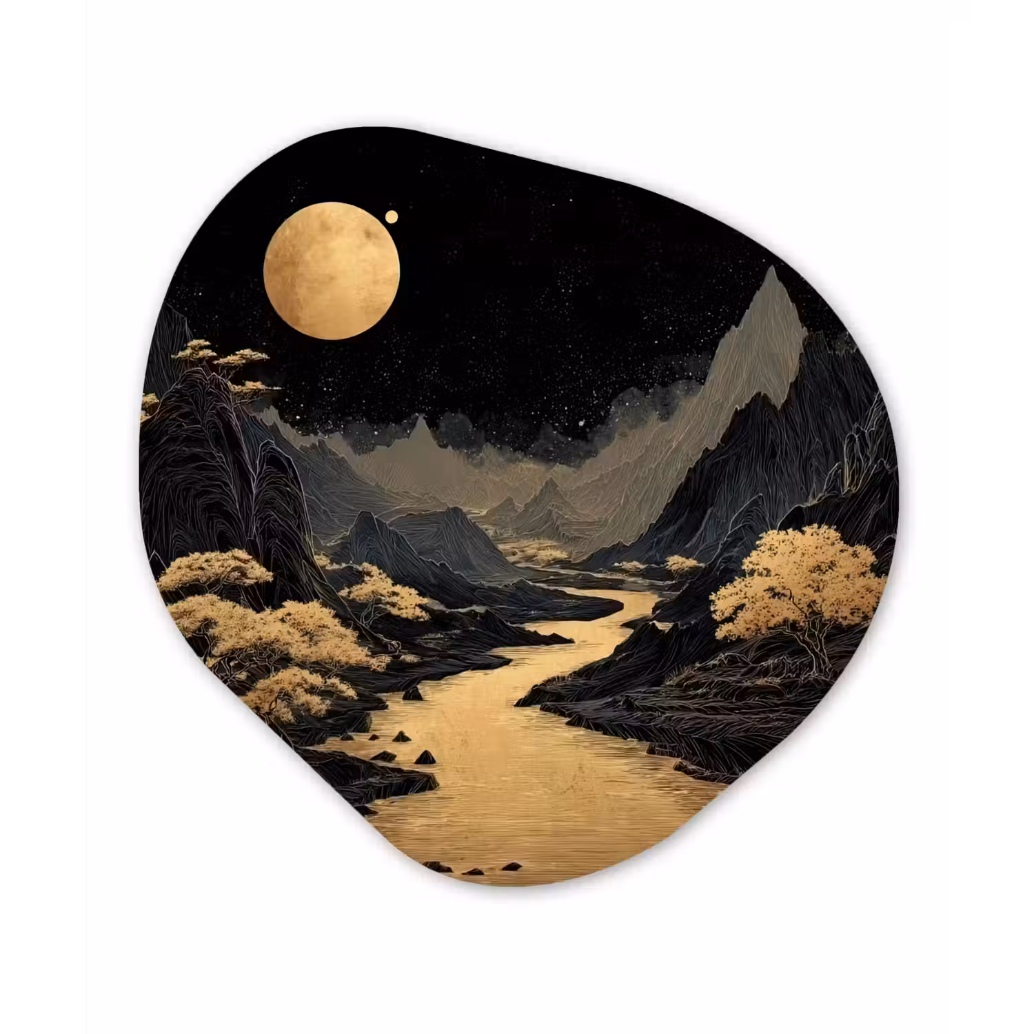 Gouden rivier - Bergen - Maan - Sterrenhemel Wandcirkel Organisch Forex 3mm klein -3d