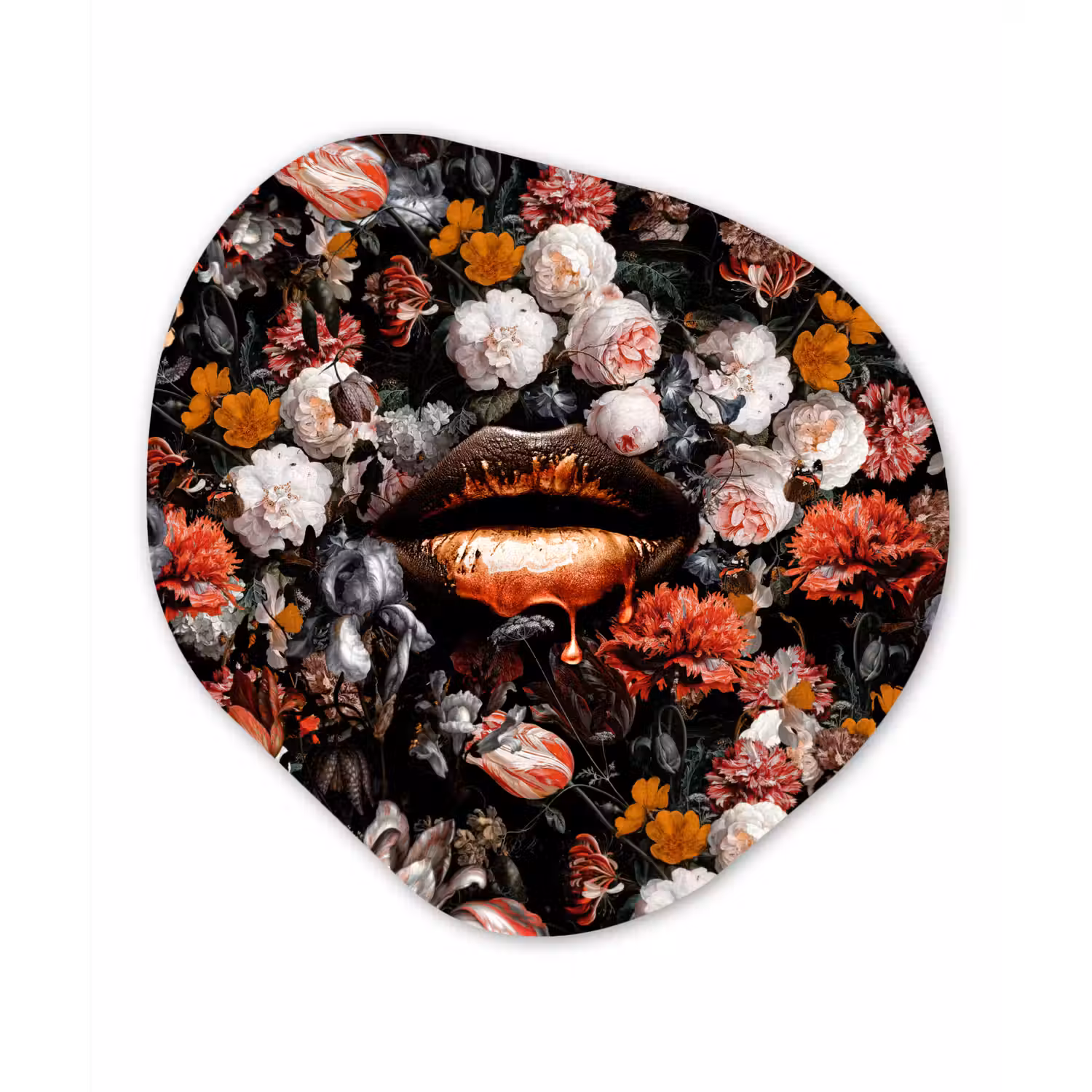 Lippen - Bloemen - Verf - Oranje - Kunst - Abstract - Oude meesters Wandcirkel Organisch Forex 3mm klein -3d