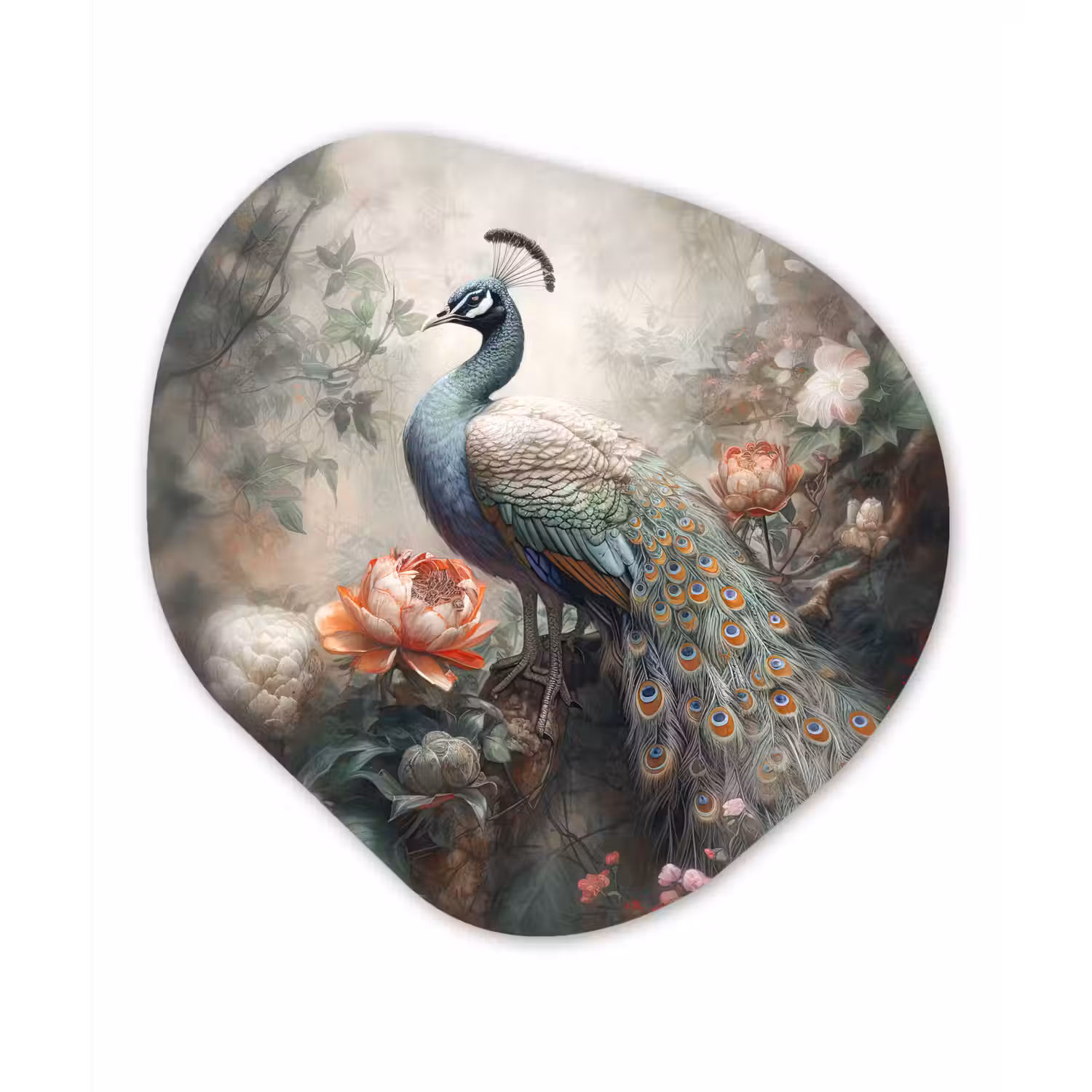 Pauw - Pauwenveren - Vogel - Jungle - Bloemen Wandcirkel Organisch Forex 3mm klein -3d
