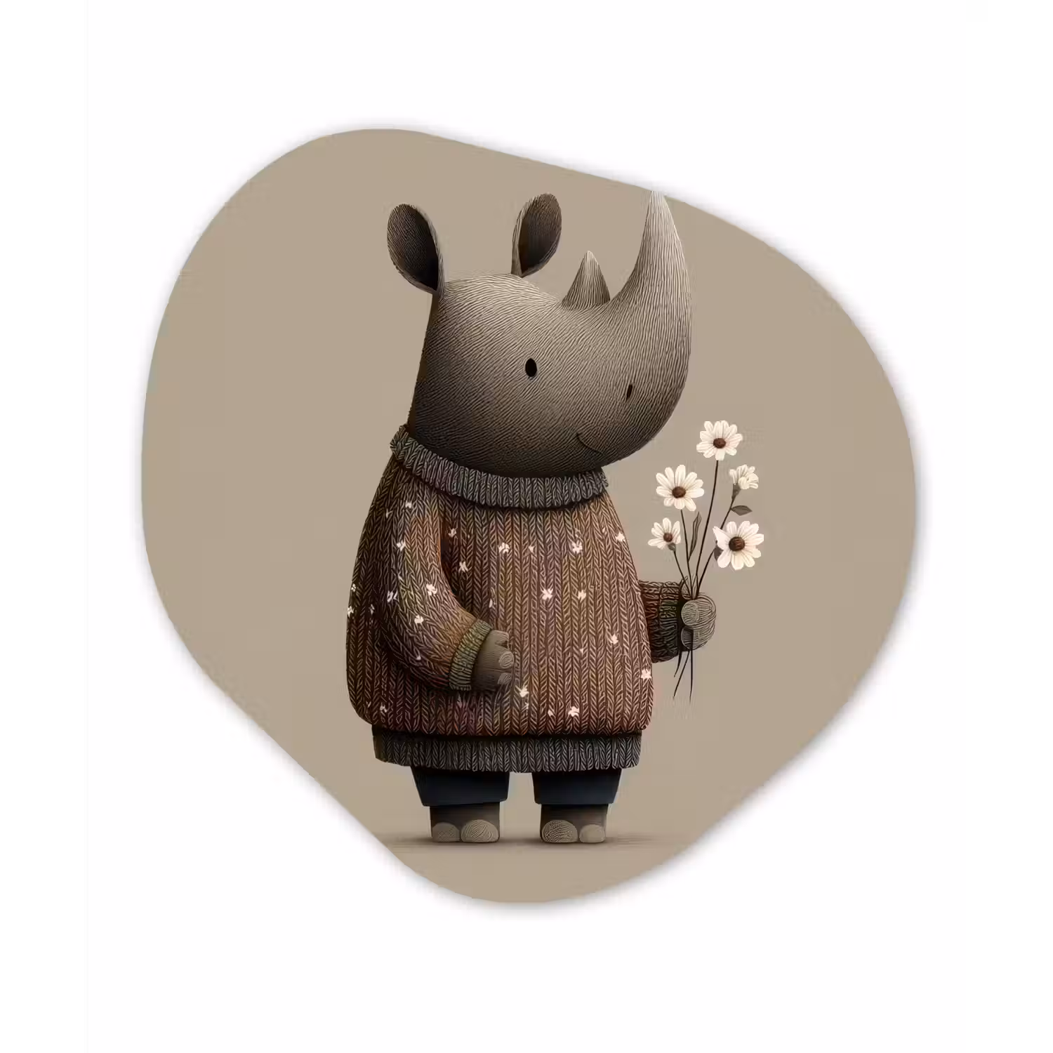 Neushoorn - Witte bloemen - Lief Wandcirkel Organisch Forex 3mm klein -3d