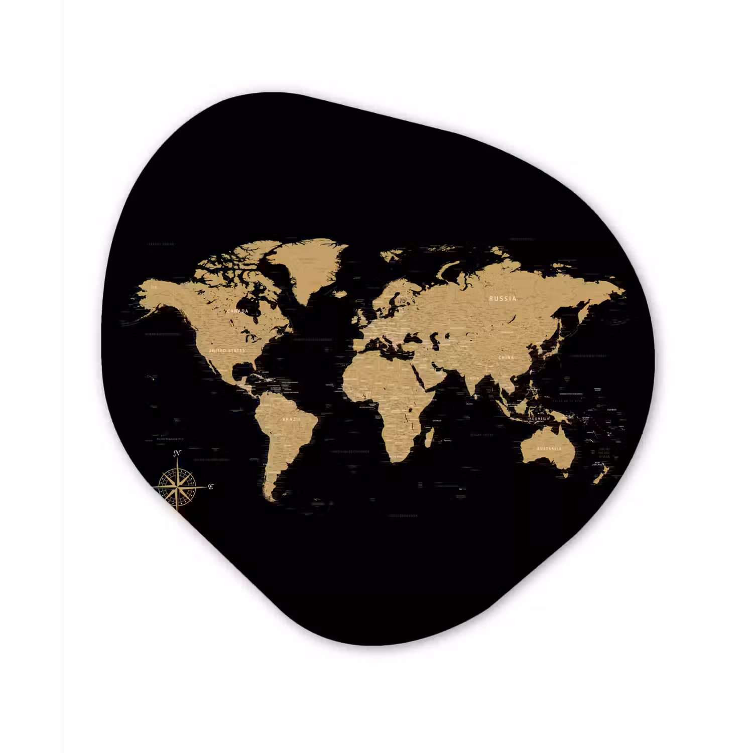 Wereldkaart - Beige - Zwart Wandcirkel Organisch Forex 3mm klein -3d