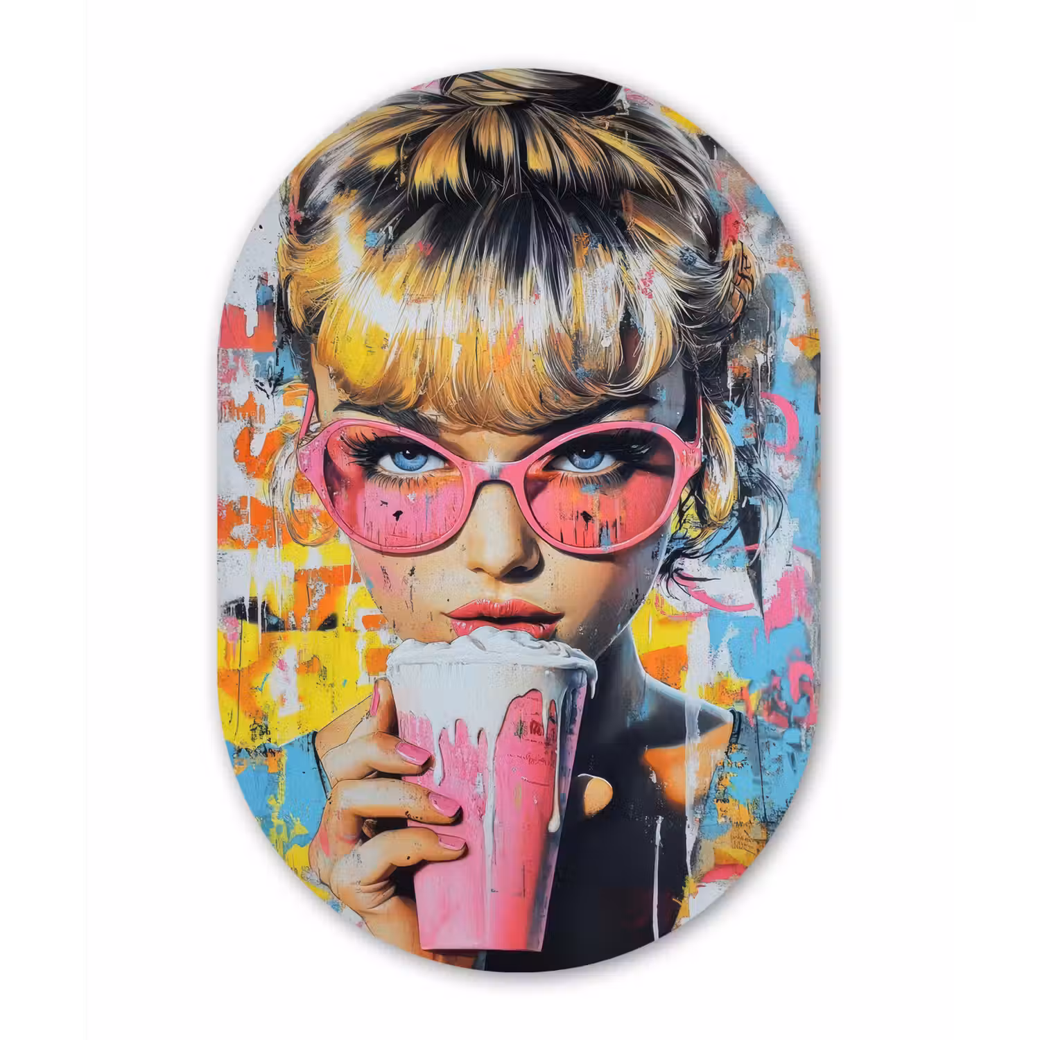 Expressief - Milkshake - Vrouw - Felle kleuren Wandcirkel Ovaal Forex klein -3d
