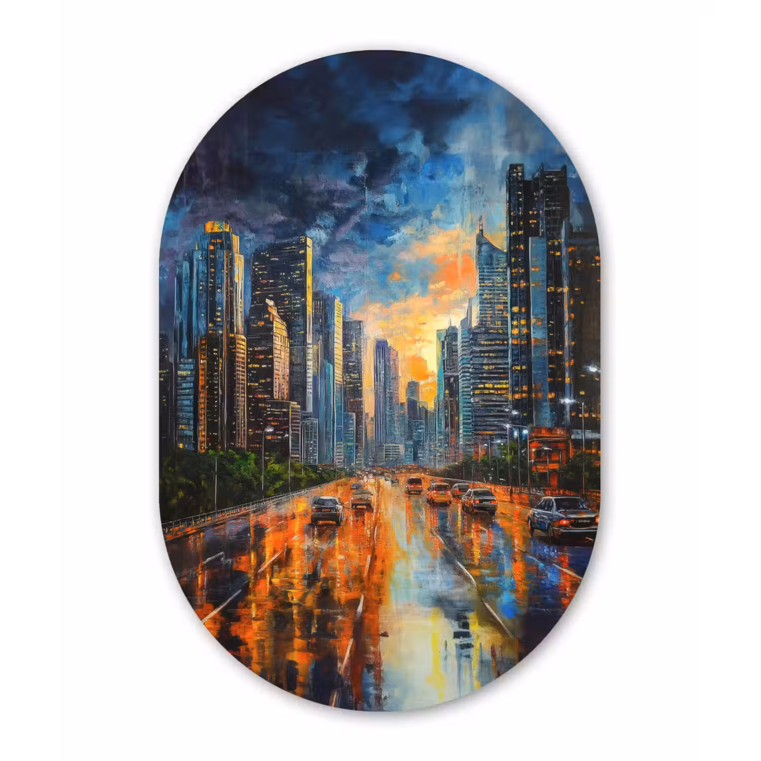 Auto - Skyline - Zon - Blauw Wandcirkel Ovaal Forex klein -3d