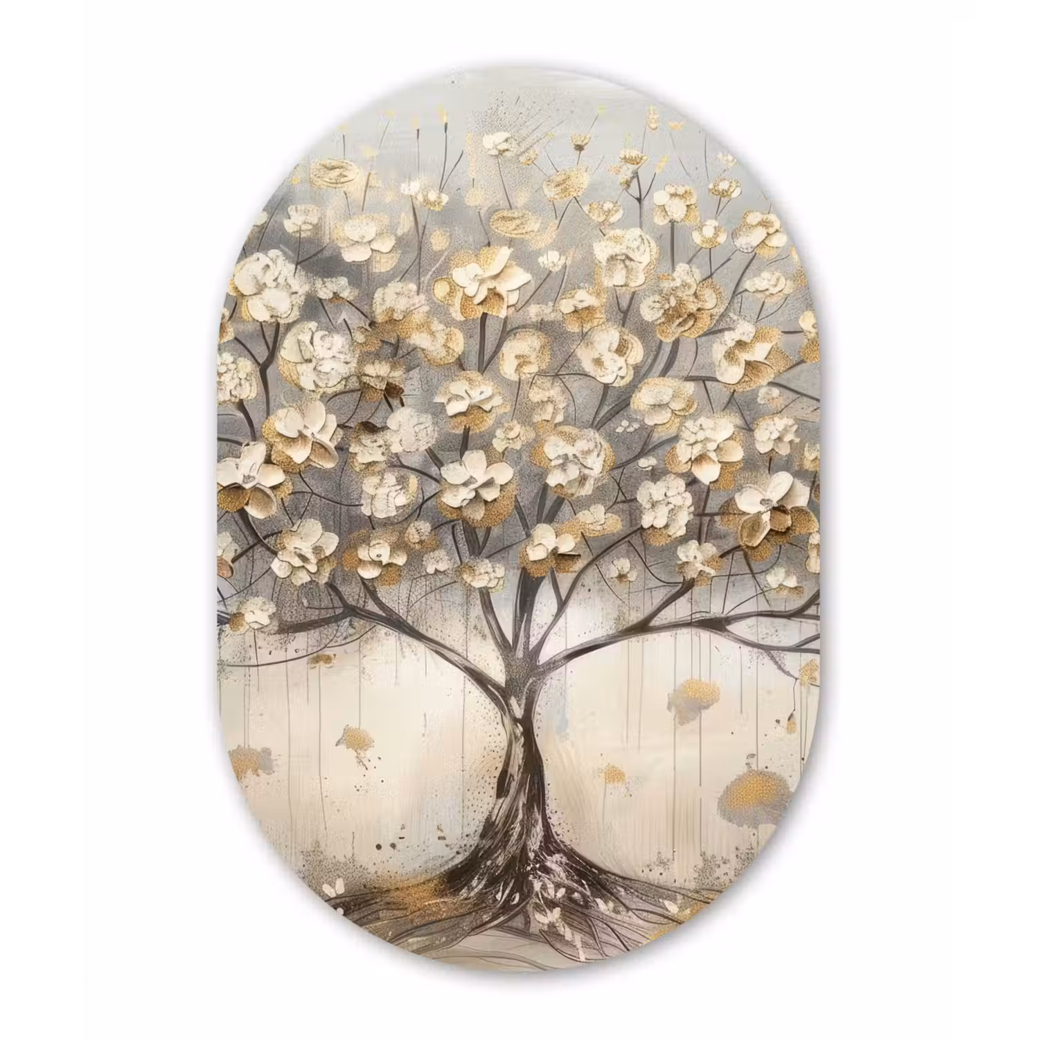 Boom - Beige - Goud - Verflook - Grijs Wandcirkel Ovaal Forex klein -3d