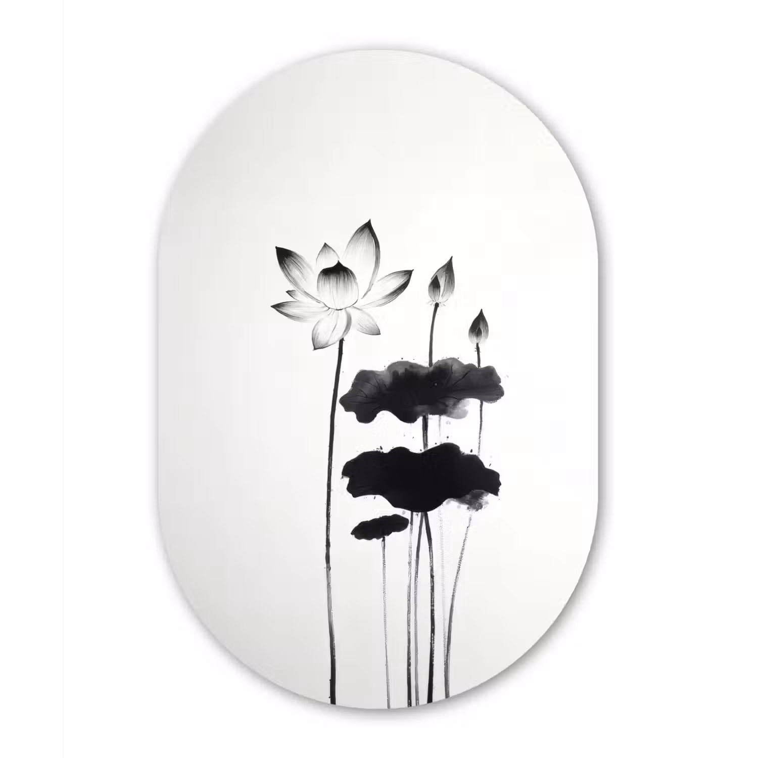 Bladeren - Zwart - Lotusbloem - Minimalitisch Wandcirkel Ovaal Forex klein -3d