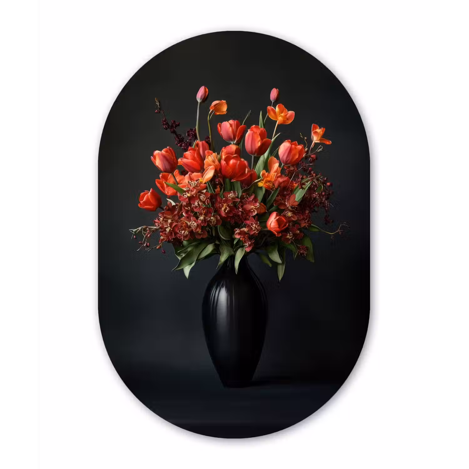 Boeket - Tulpen - Vaas - Rood Wandcirkel Ovaal Forex klein -3d