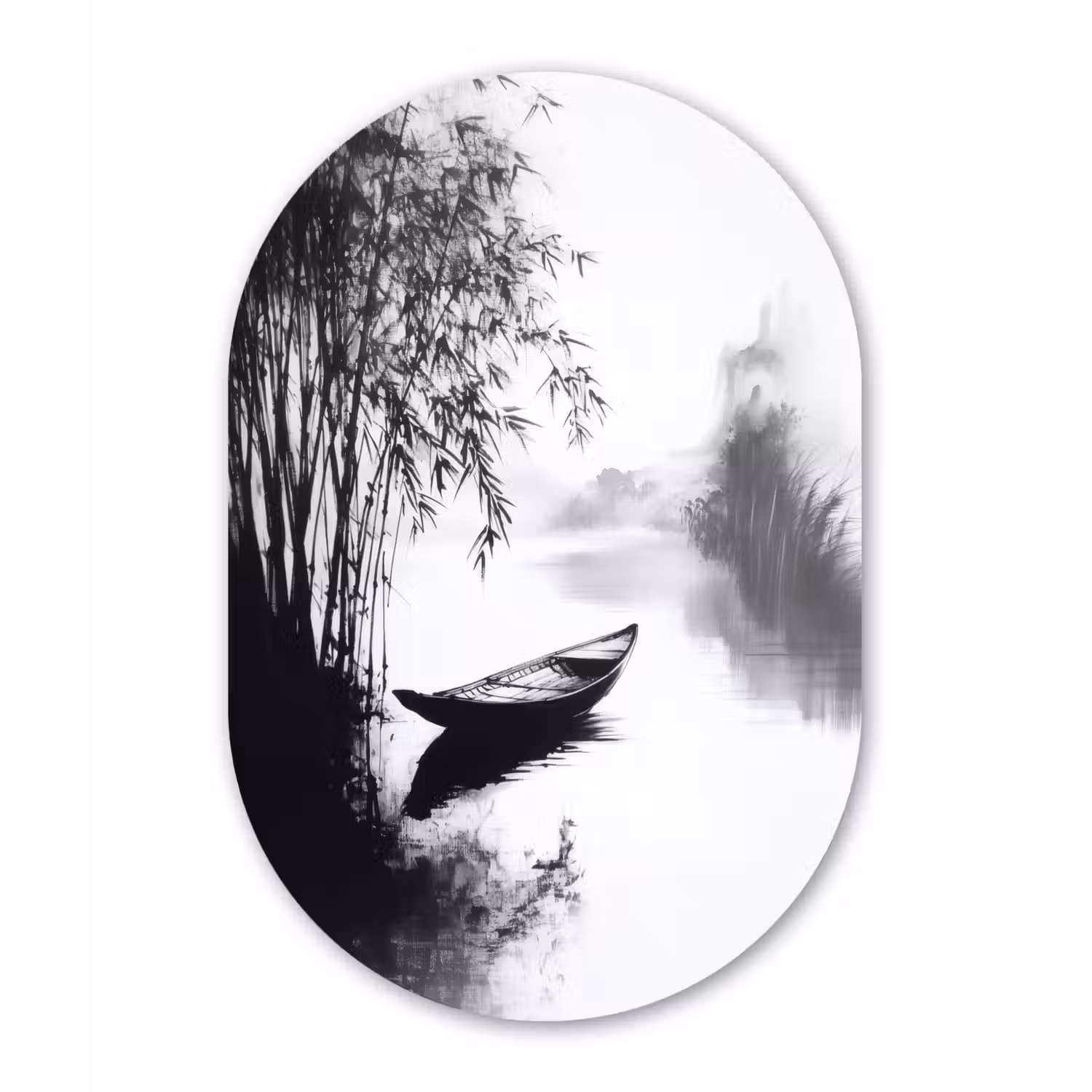 Boot - Rivier - Bamboe - Wit Wandcirkel Ovaal Forex klein -3d