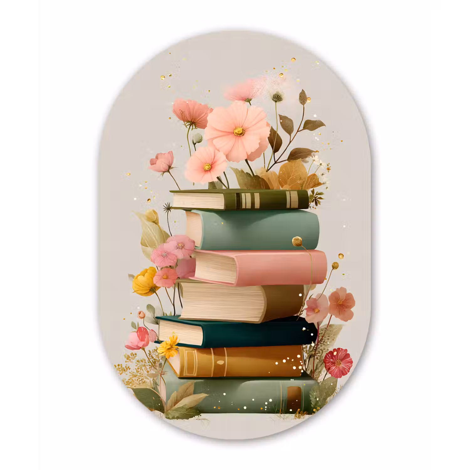 Boeken - Stapel - Bloemen - Kleurrijk Wandcirkel Ovaal Forex klein -3d