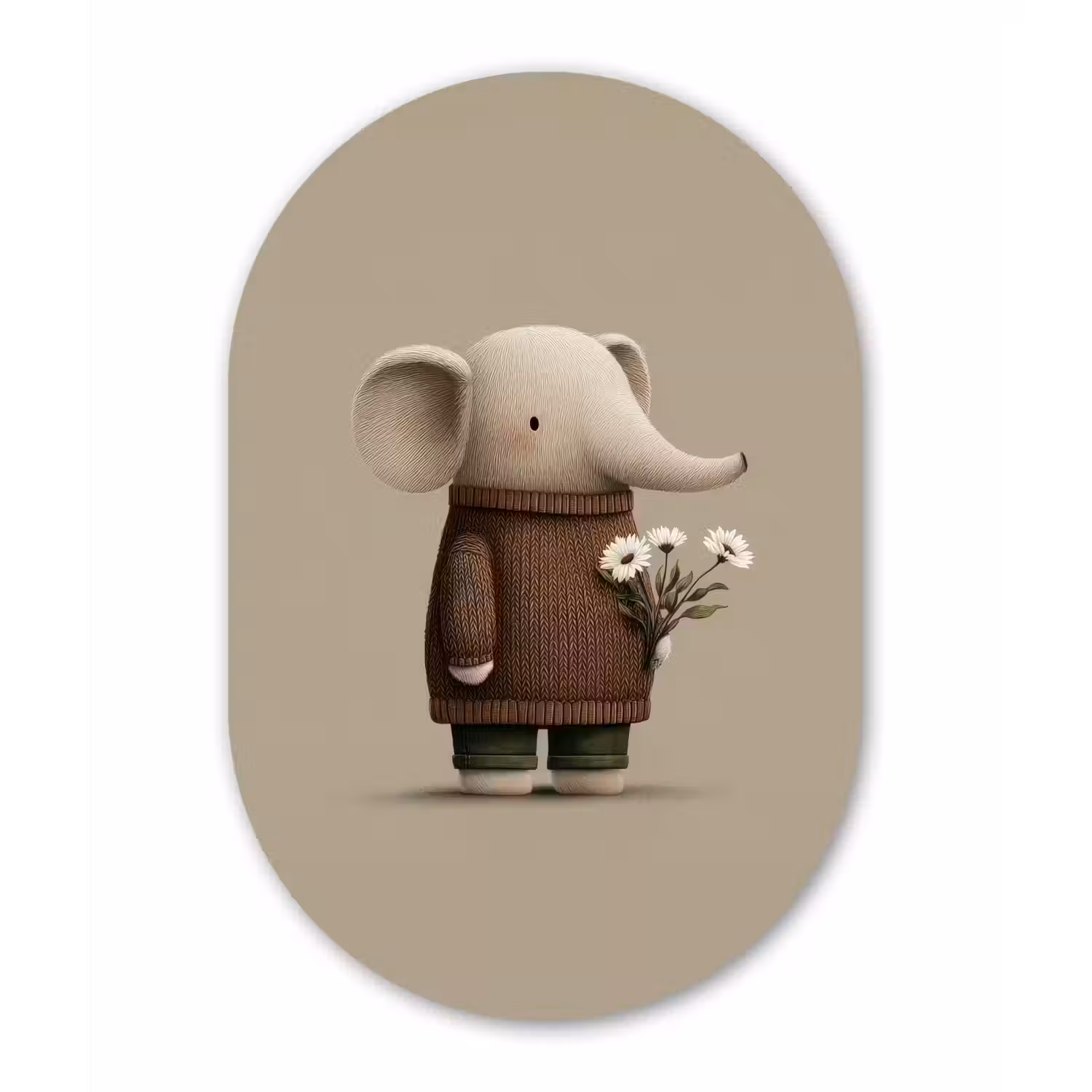 Olifant - Witte bloemen - Kindvriendelijk Wandcirkel Ovaal Forex klein -3d