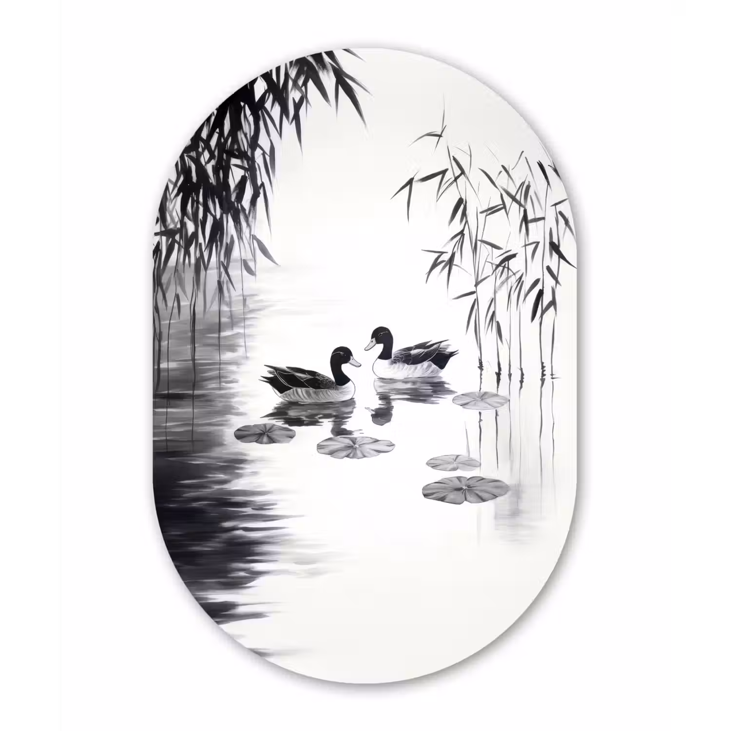 Eenden - Waterlelies - Riet - Zwart Wandcirkel Ovaal Forex klein -3d