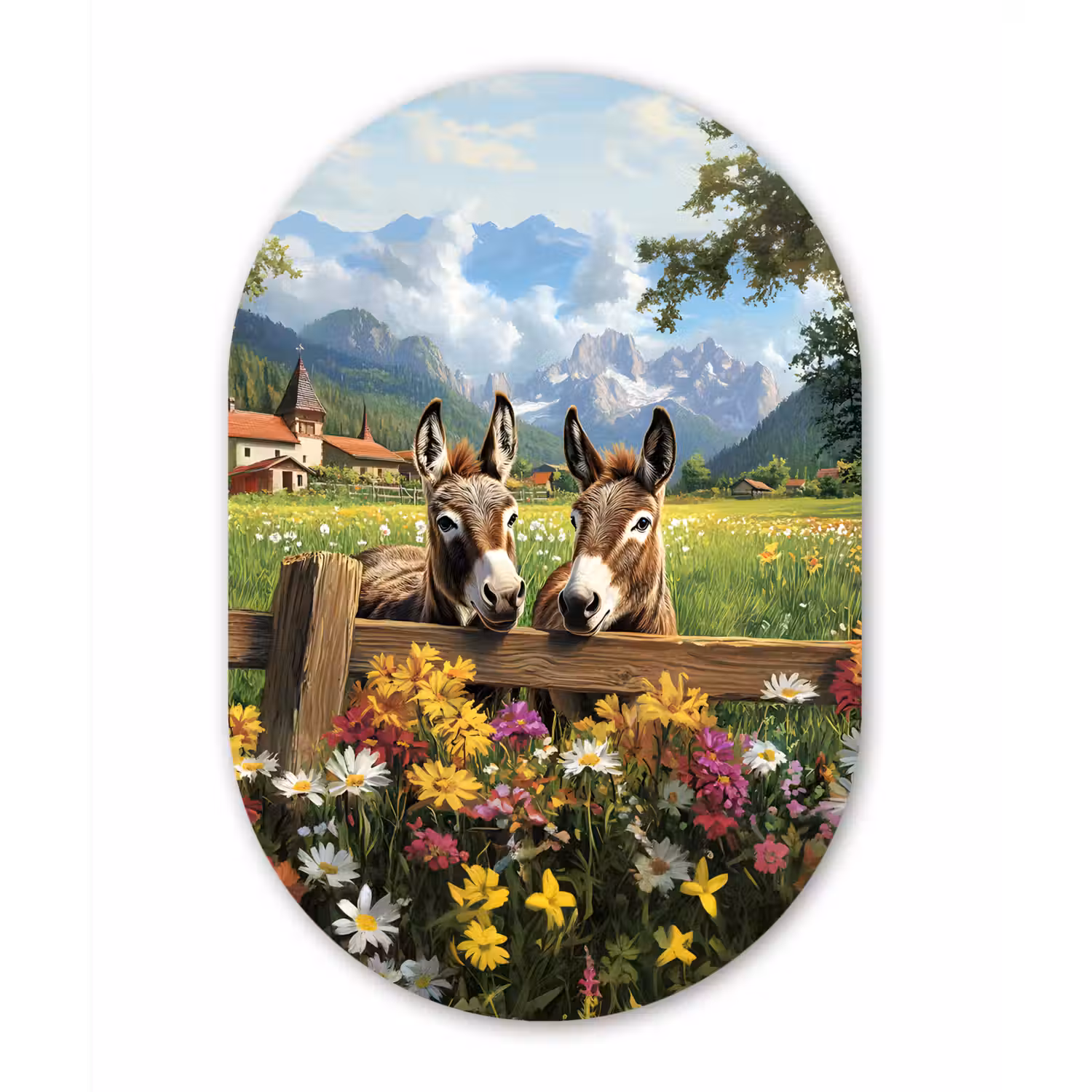 Ezels - Bloemen - Zomers Wandcirkel Ovaal Forex klein -3d