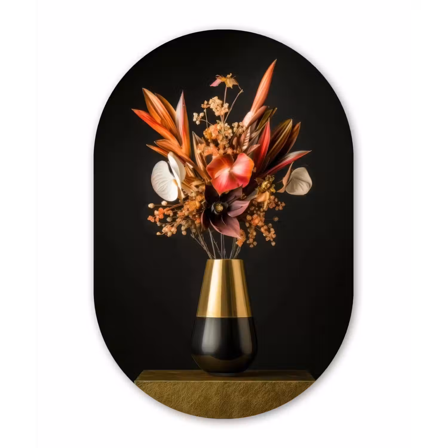 Exotisch - Boeket - Vaas - Goud Wandcirkel Ovaal Forex klein -3d