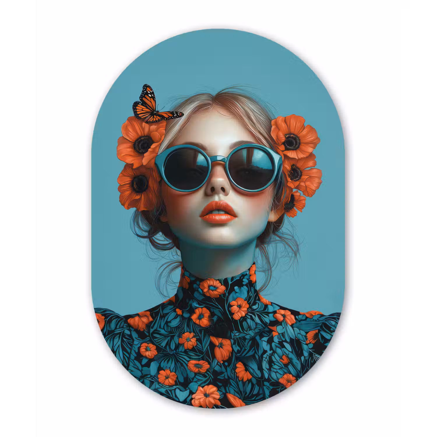 Vrouw - Blauw - Vlinder - Bloemen - Aesthetic Wandcirkel Ovaal Forex klein -3d