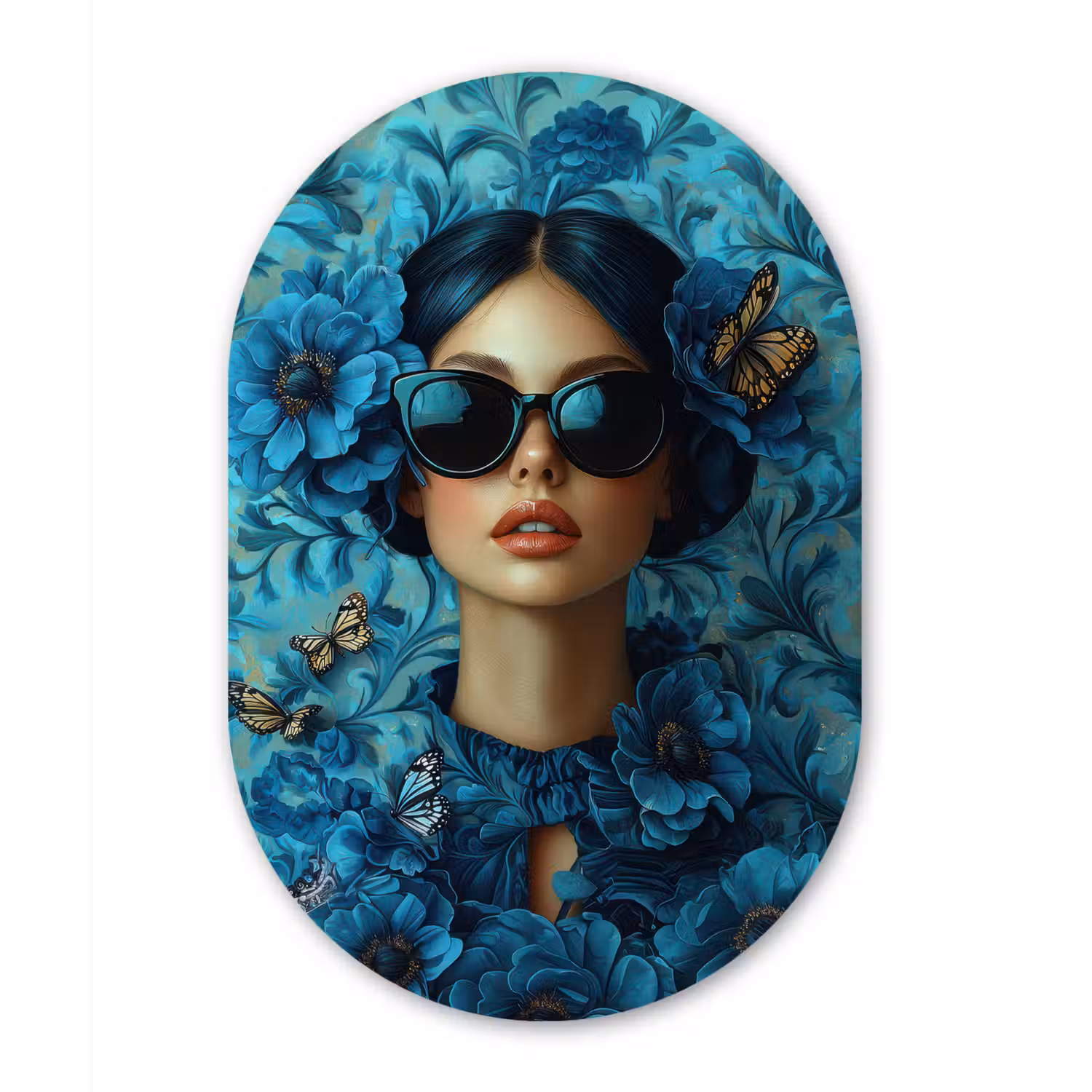 Vrouw - Bloemen - Vlinders - Blauw - Abstract Wandcirkel Ovaal Forex klein -3d