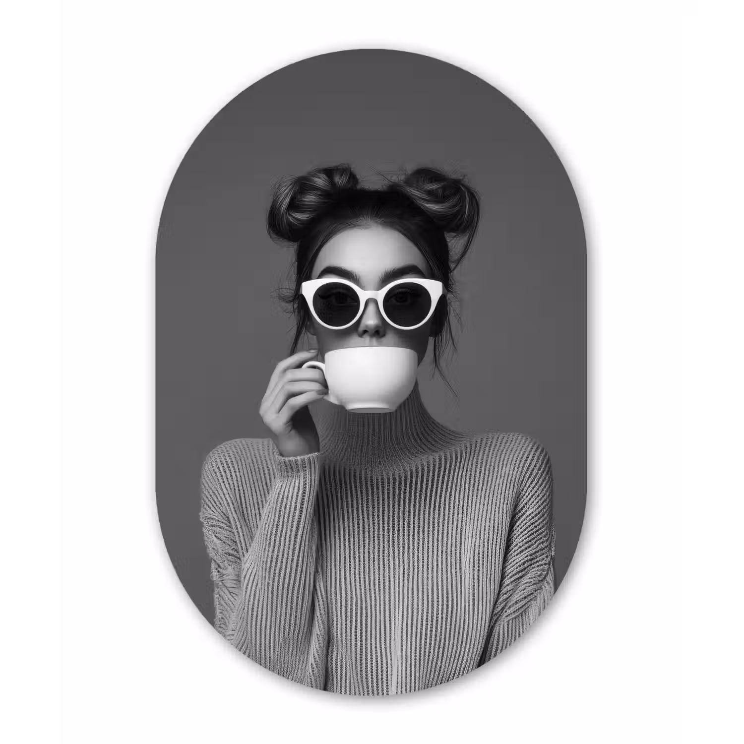 Vrouw - Koffie - Zwart - Wit Wandcirkel Ovaal Forex klein -3d