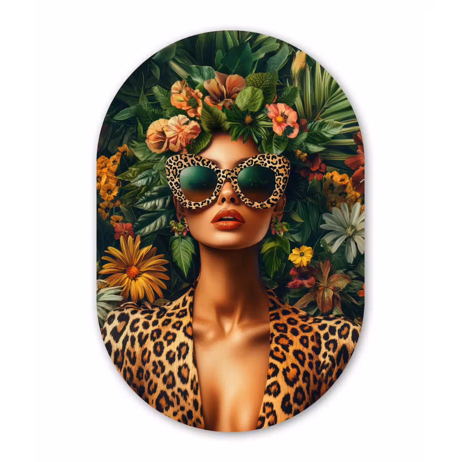 Vrouw - Panterprint - Jungle - Natuur - Luxe Wandcirkel Ovaal Forex klein -3d