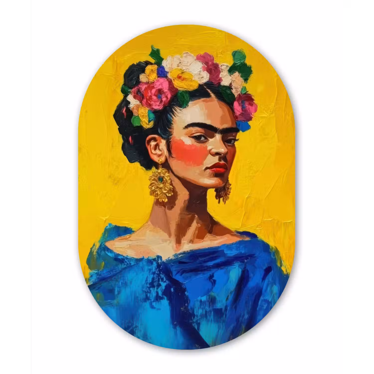 Frida Kahlo - Vrouw - Geel - Blauw - Bloemen Wandcirkel Ovaal Forex klein -3d