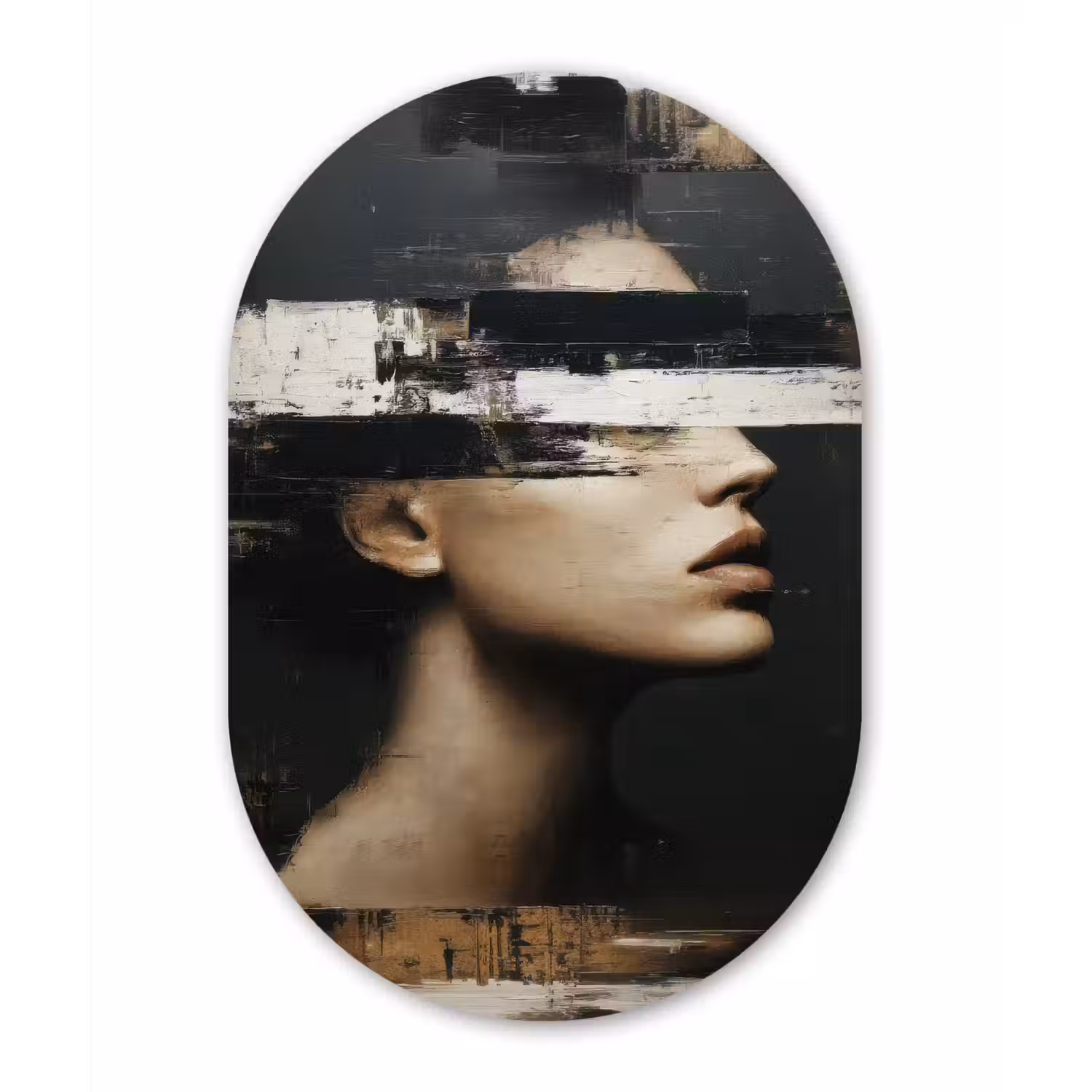 Gezicht - Vrouw - Zwart - Abstract Wandcirkel Ovaal Forex klein -3d