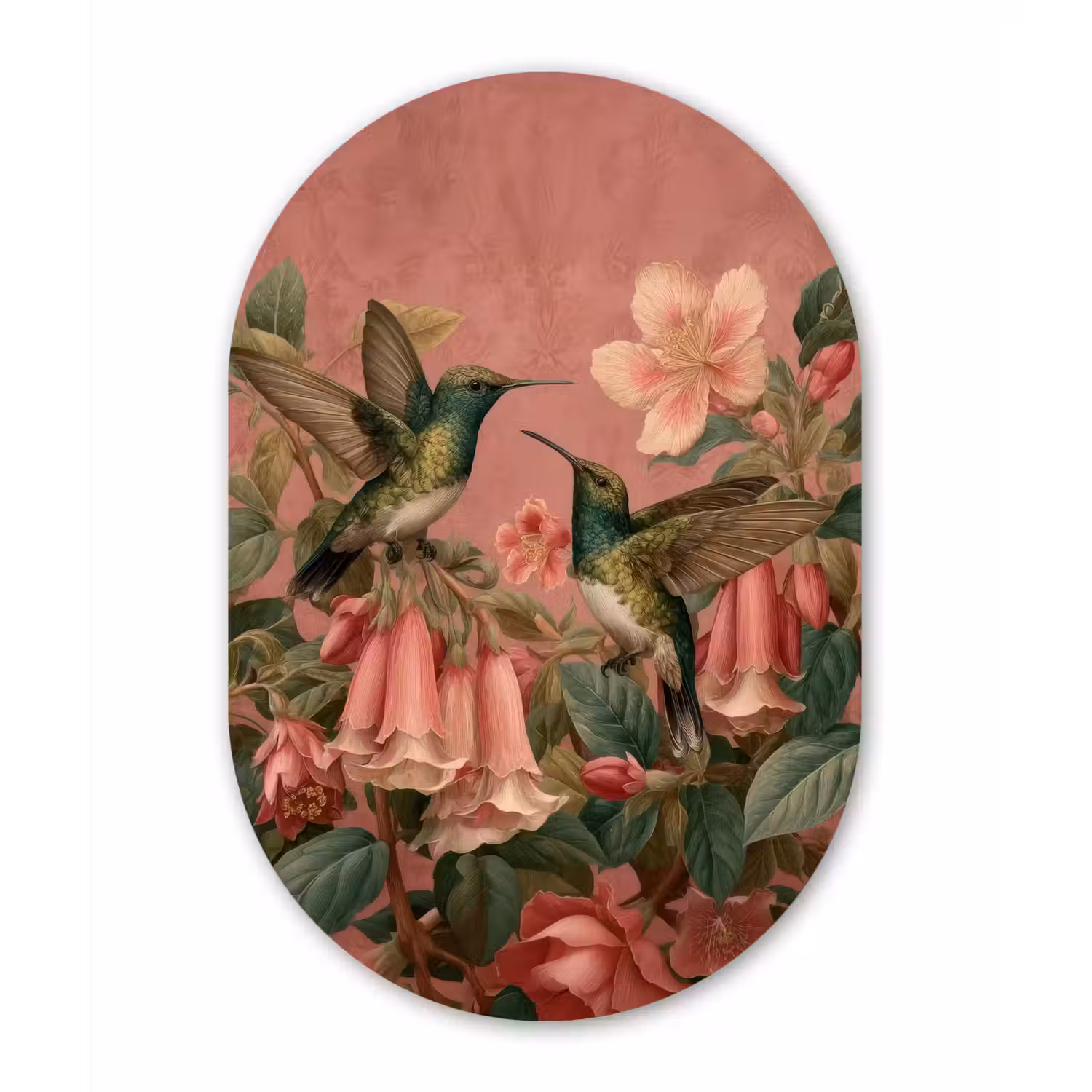 Kolibries - Bloemen - Groen - Roze Wandcirkel Ovaal Forex klein -3d