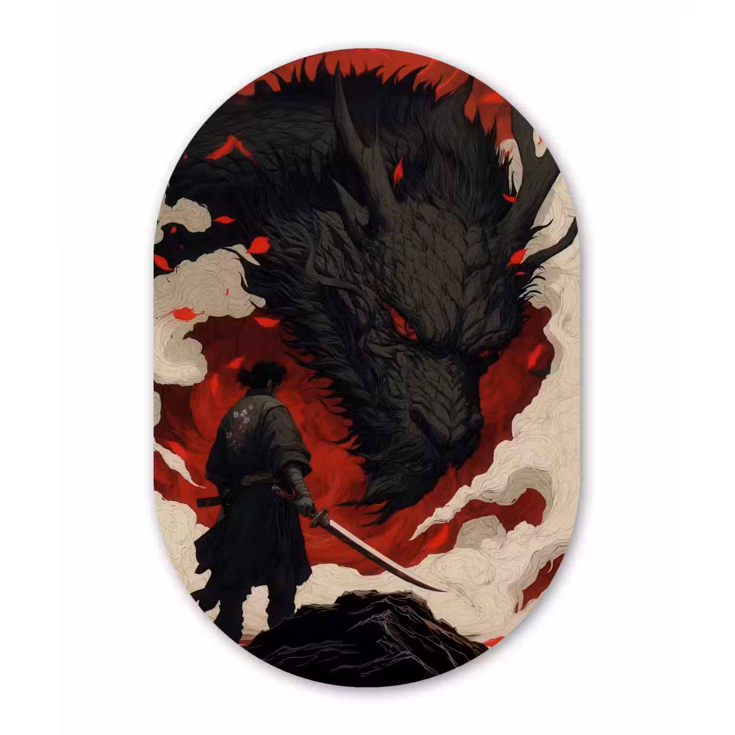 Krijger - Draak - Zwart - Rood - Rook Wandcirkel Ovaal Forex klein -3d