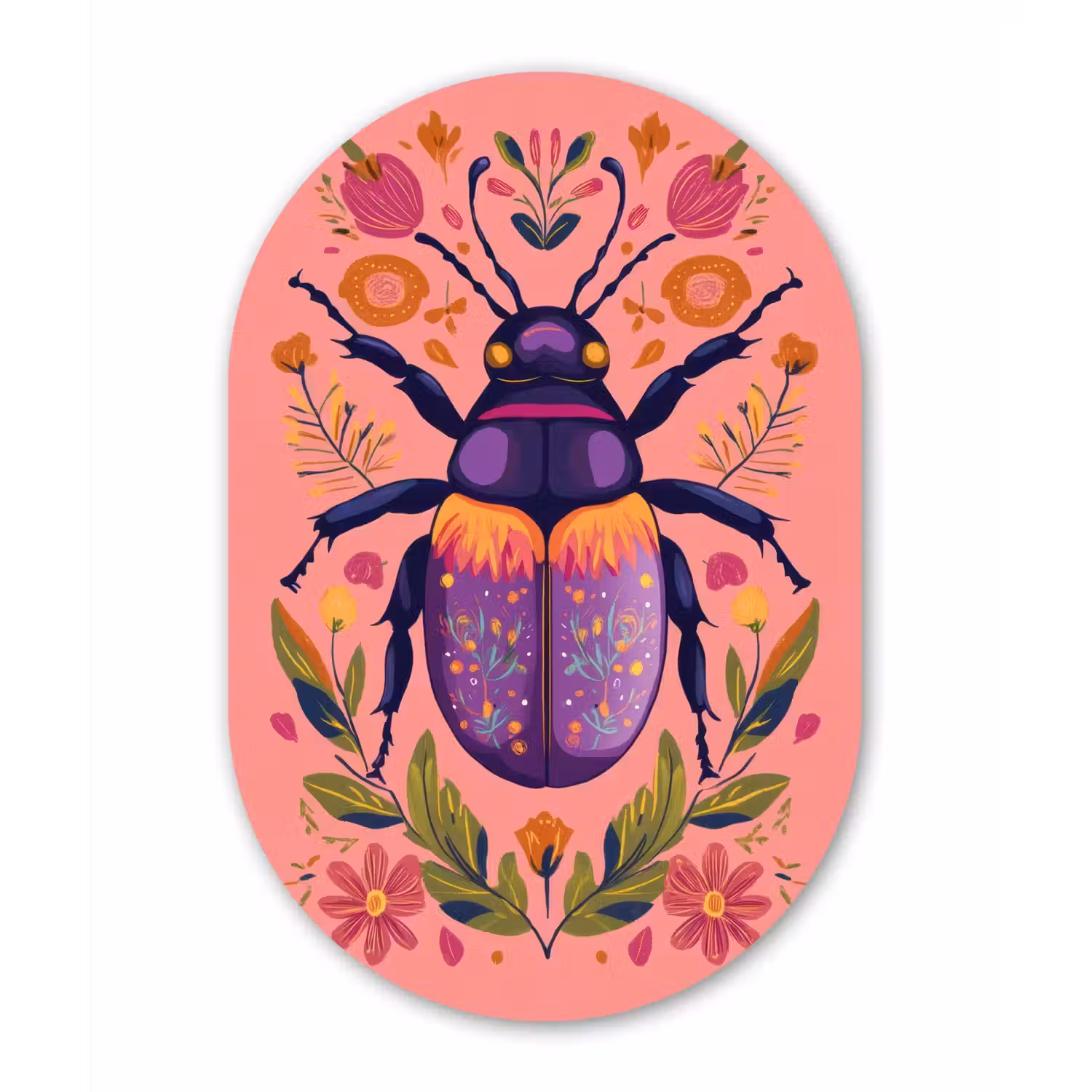 Paars - Kever - Stipjes - Bloemen Wandcirkel Ovaal Forex klein -3d