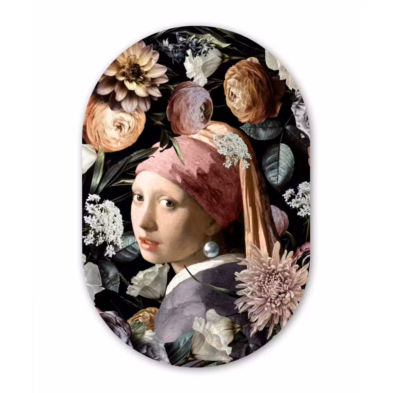 Meisje met de parel - Bloemen - Vermeer - Pastel - Kunstwerk - Schilderij - Oude meesters Wandcirkel Ovaal Forex klein -3d