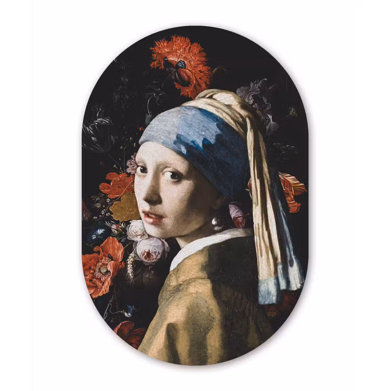 Meisje met de parel - Johannes Vermeer - Bloemen - Rood Wandcirkel Ovaal Forex klein -3d