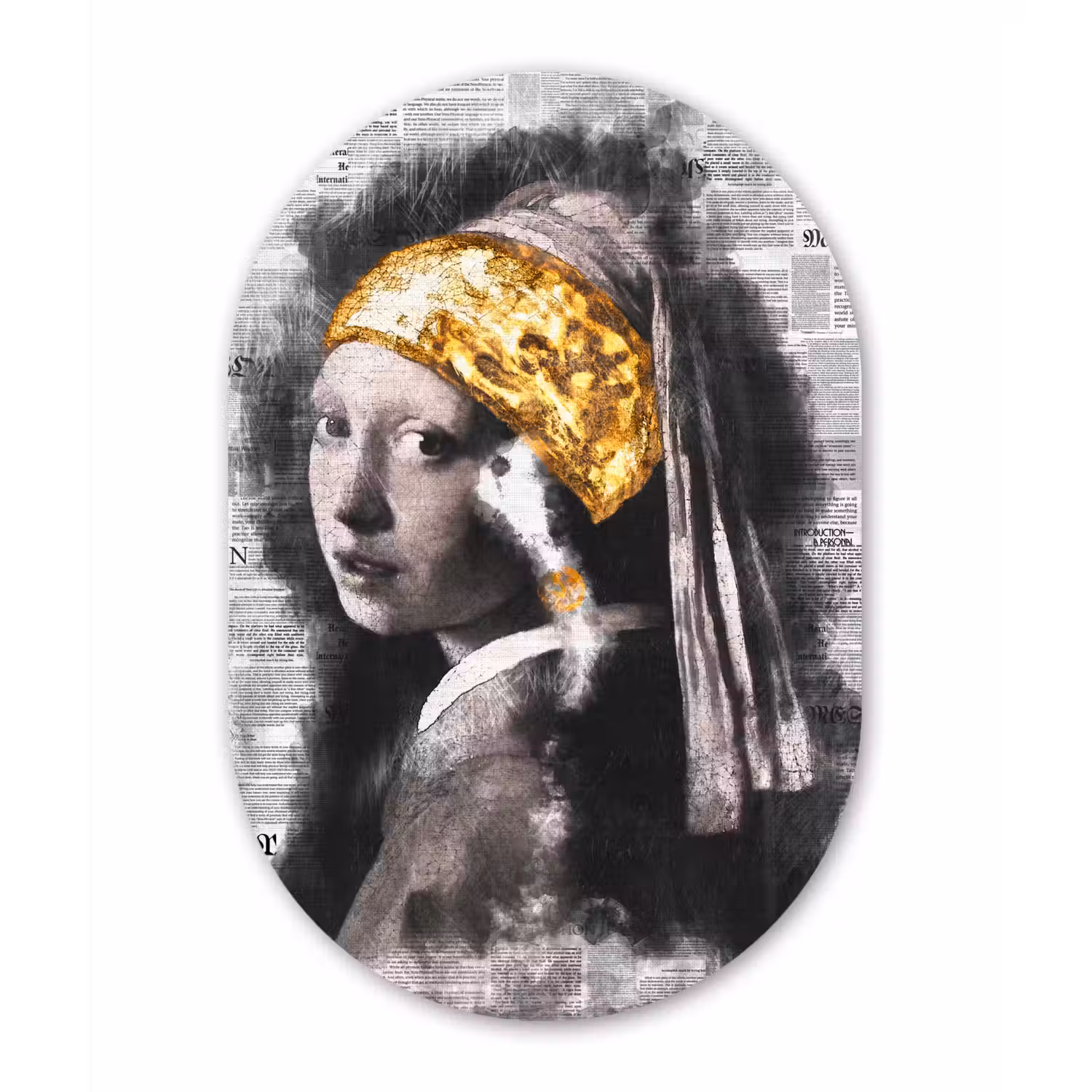 Meisje met de parel - Johannes Vermeer - Krant - Goud Wandcirkel Ovaal Forex klein -3d