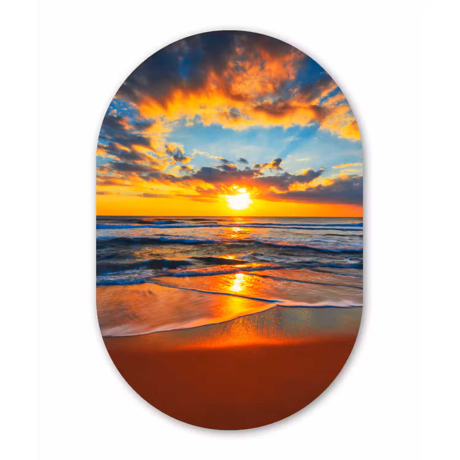 Zee - Zonsondergang - Strand - Wolken - Oranje Wandcirkel Ovaal Forex klein -3d