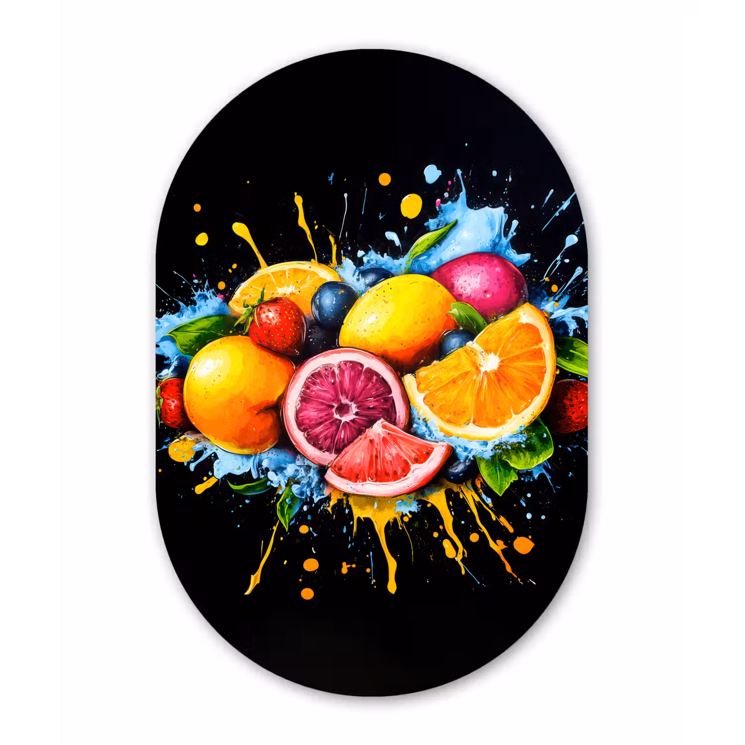 Fruit - Graffiti - Kleurrijk - Sinaasappel - Aardbei - Abstract Wandcirkel Ovaal Forex klein -3d