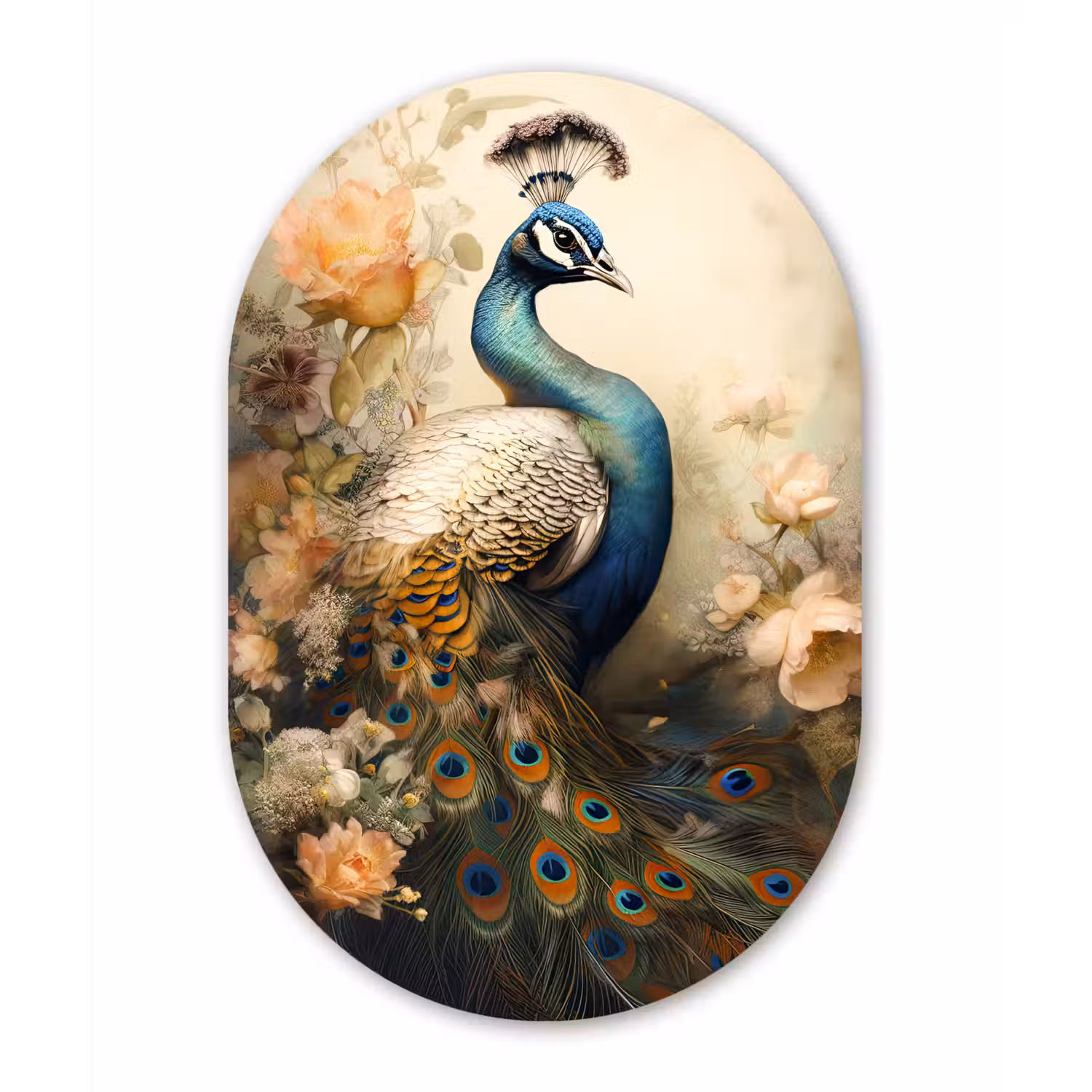 Pauw - Pauwenveren - Bloemen - Vogels - Botanisch Wandcirkel Ovaal Forex klein -3d