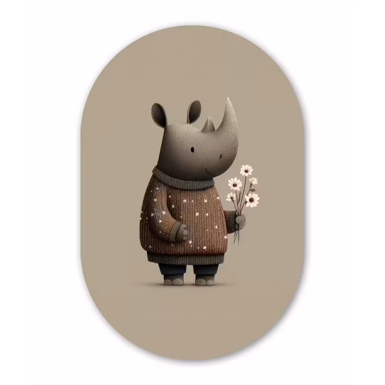 Neushoorn - Witte bloemen - Lief Wandcirkel Ovaal Forex klein -3d