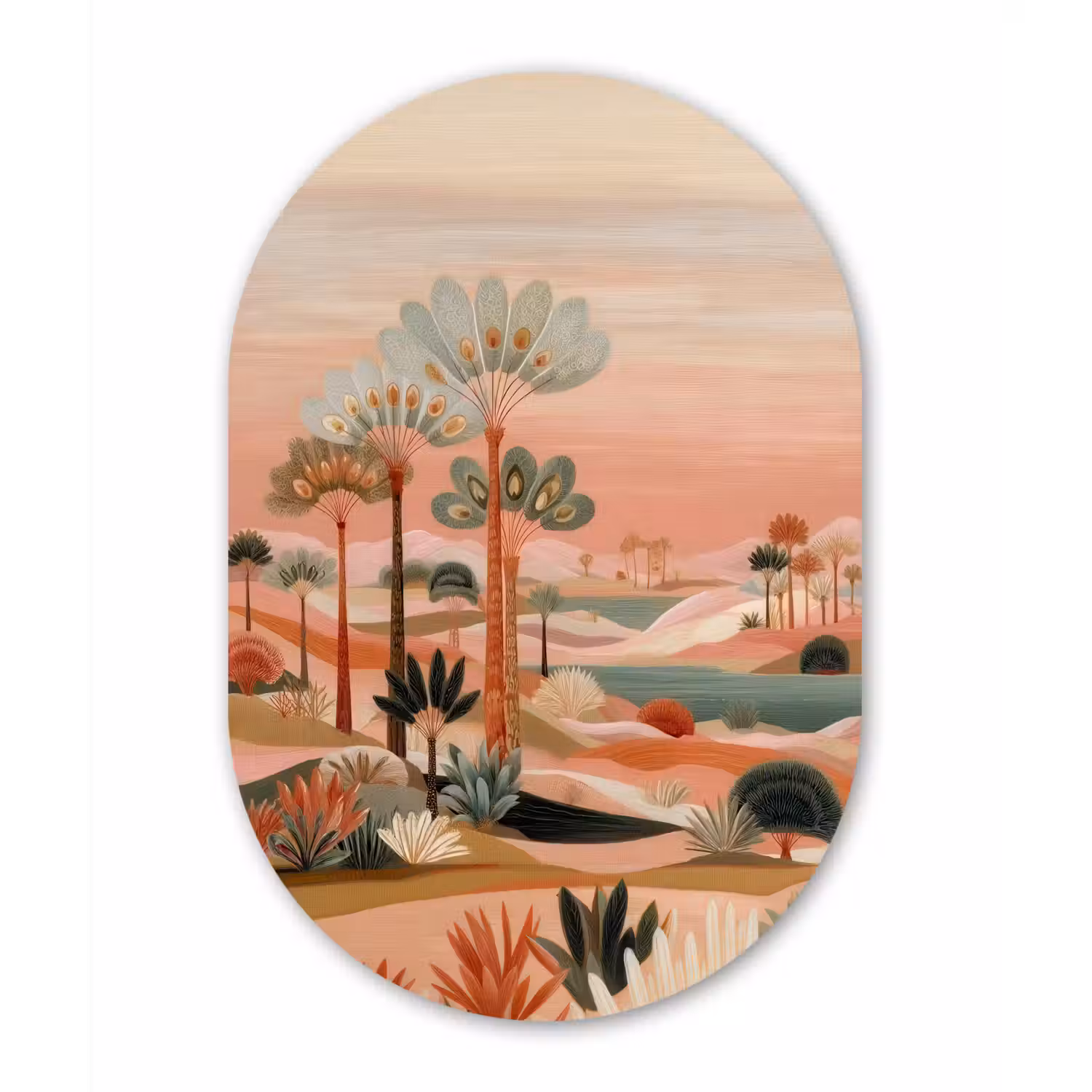 Roze landschap - Palmen - Water Wandcirkel Ovaal Forex klein -3d