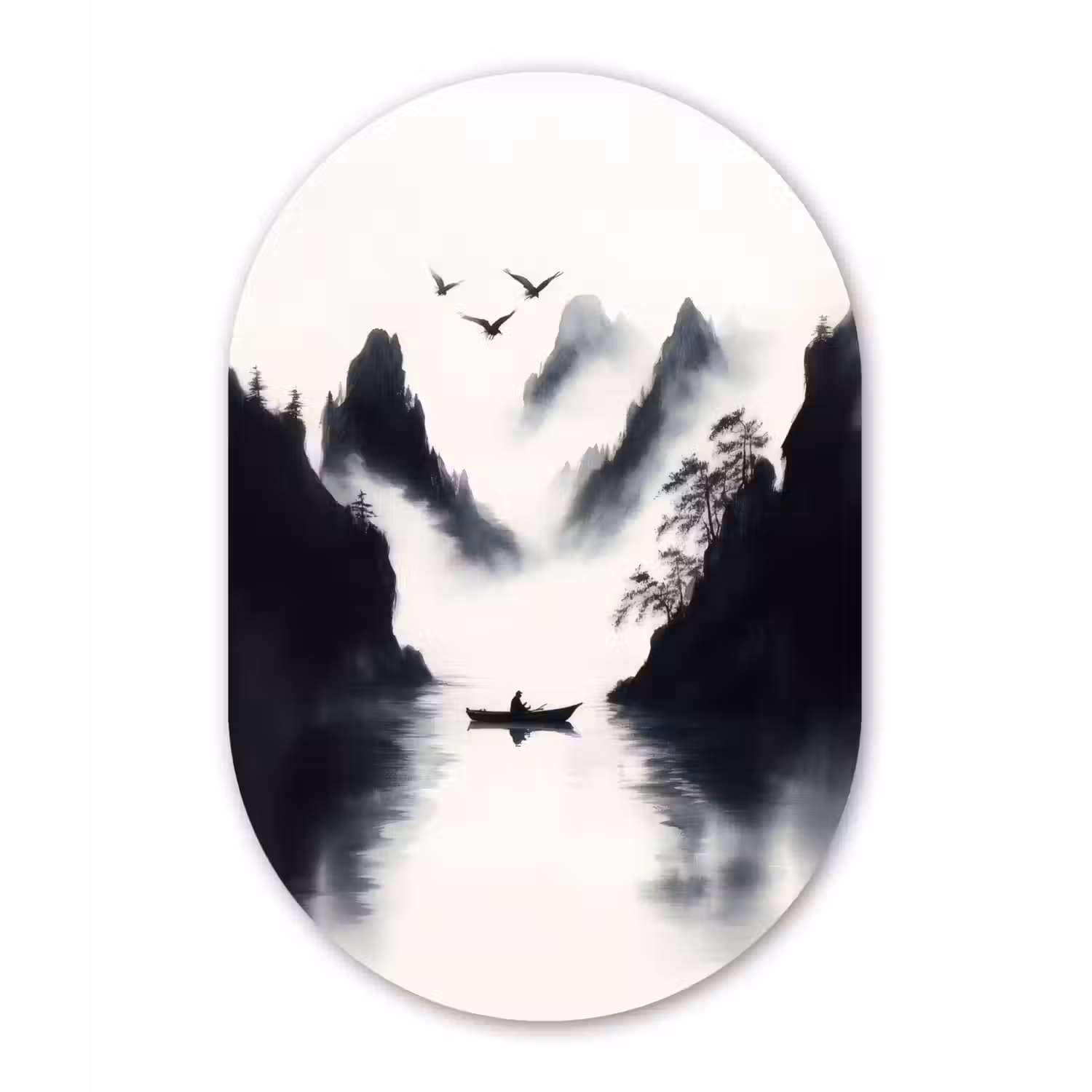Roeiboot - Mistig - Bergen - Vogels Wandcirkel Ovaal Forex klein -3d