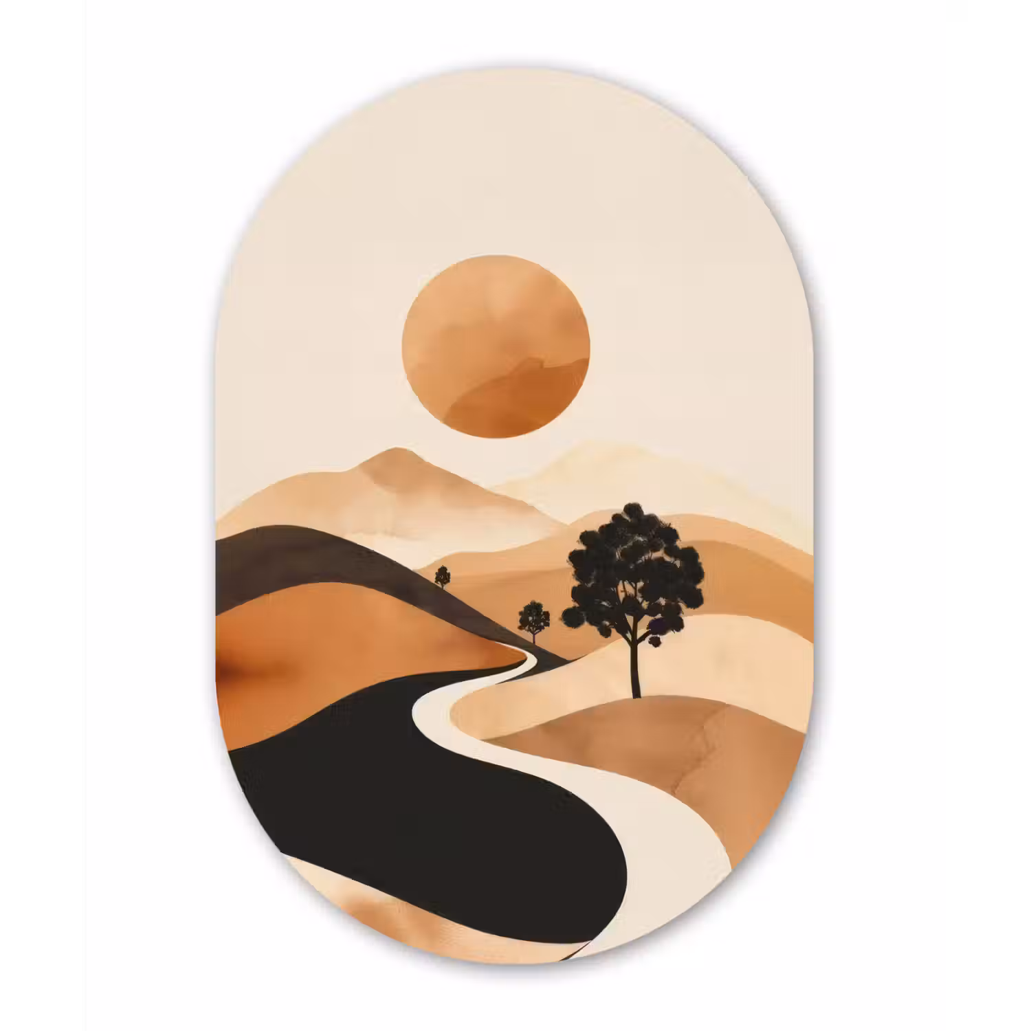 Zon - Heuvels - Boom - Abstract Wandcirkel Ovaal Forex klein -3d