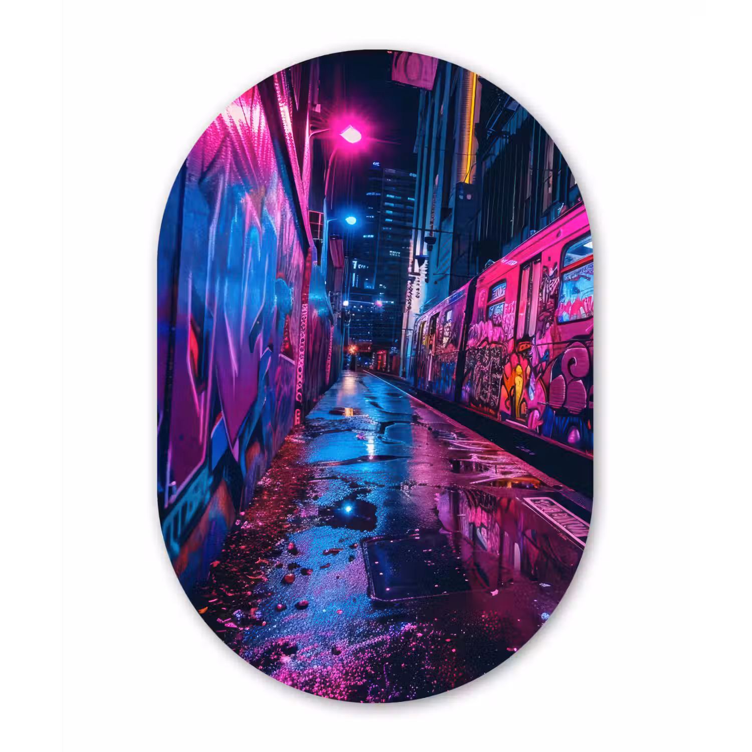 Stad - Neon - Nacht - Roze - Graffiti Wandcirkel Ovaal Forex klein -3d