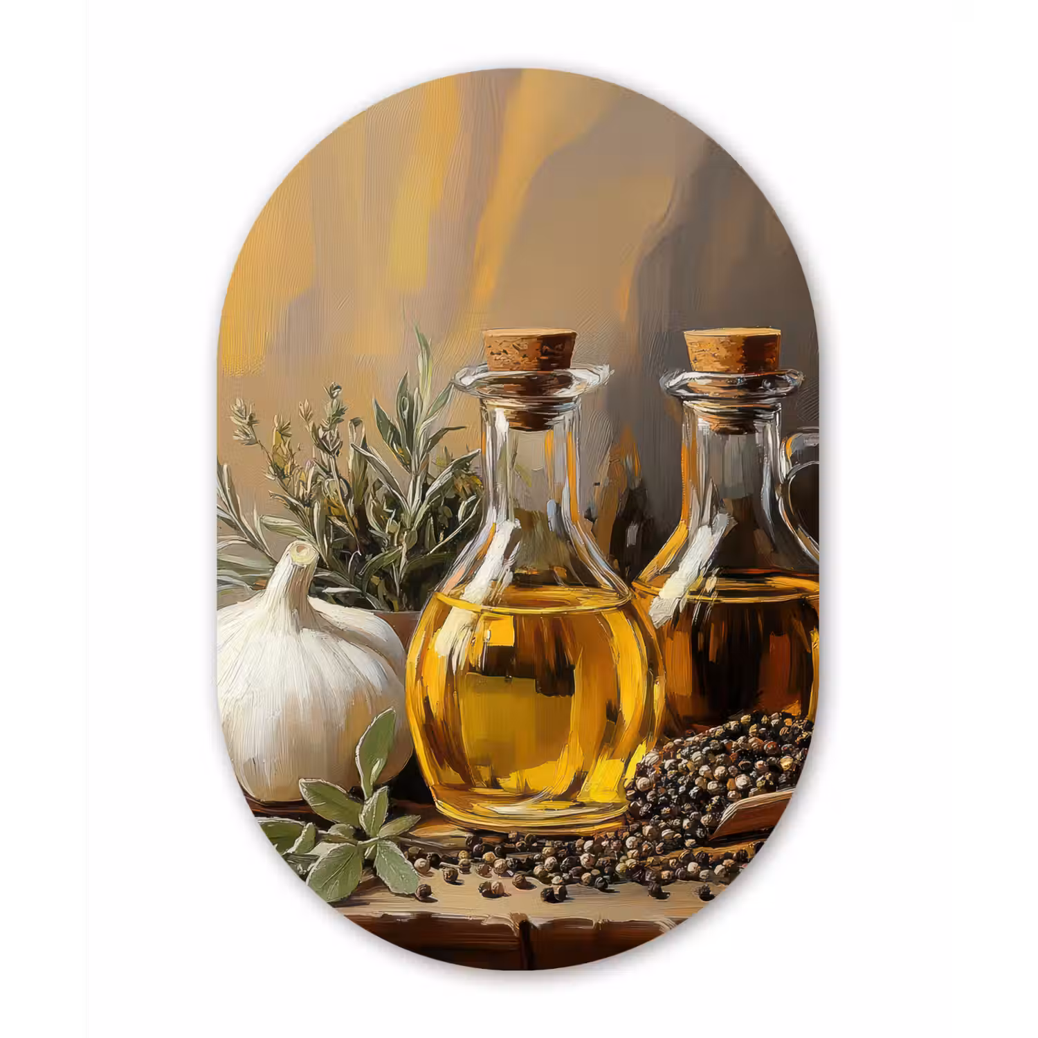 Stilleven - Olijfolie - Knoflook - Kruiden Wandcirkel Ovaal Forex klein -3d