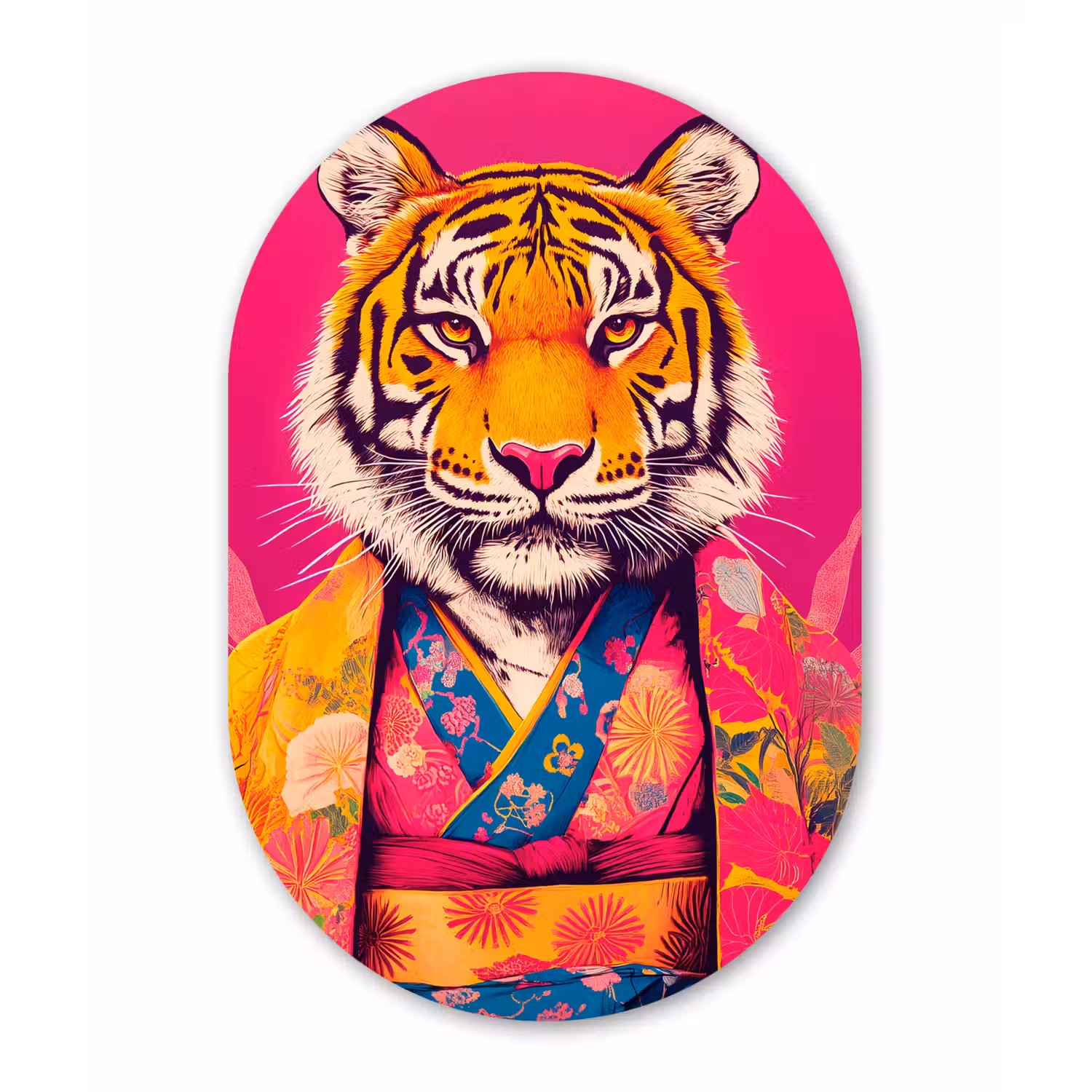 Tijger - Kimono - Planten - Roze Wandcirkel Ovaal Forex klein -3d
