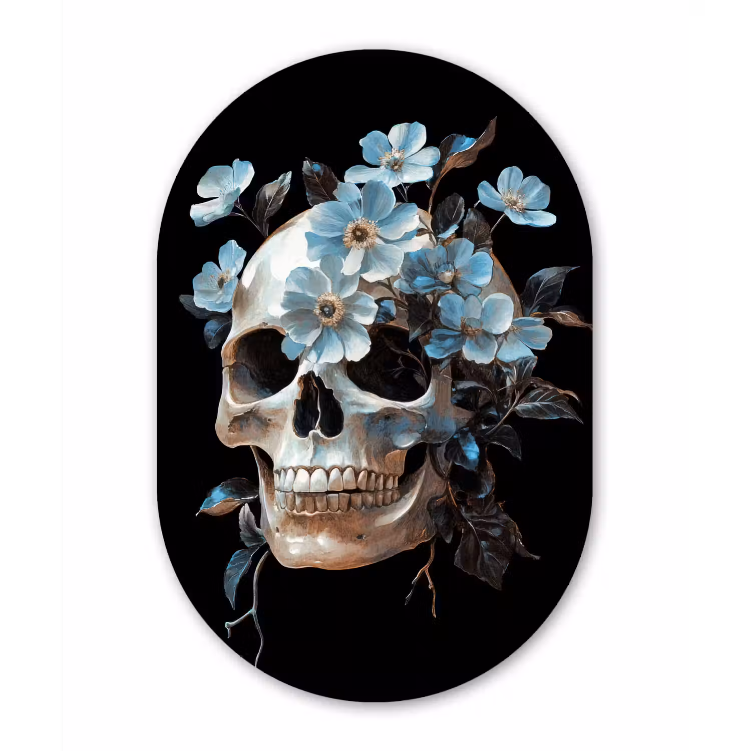 Schedel - Blauw - Bloemen - Bladeren Wandcirkel Ovaal Forex klein -3d