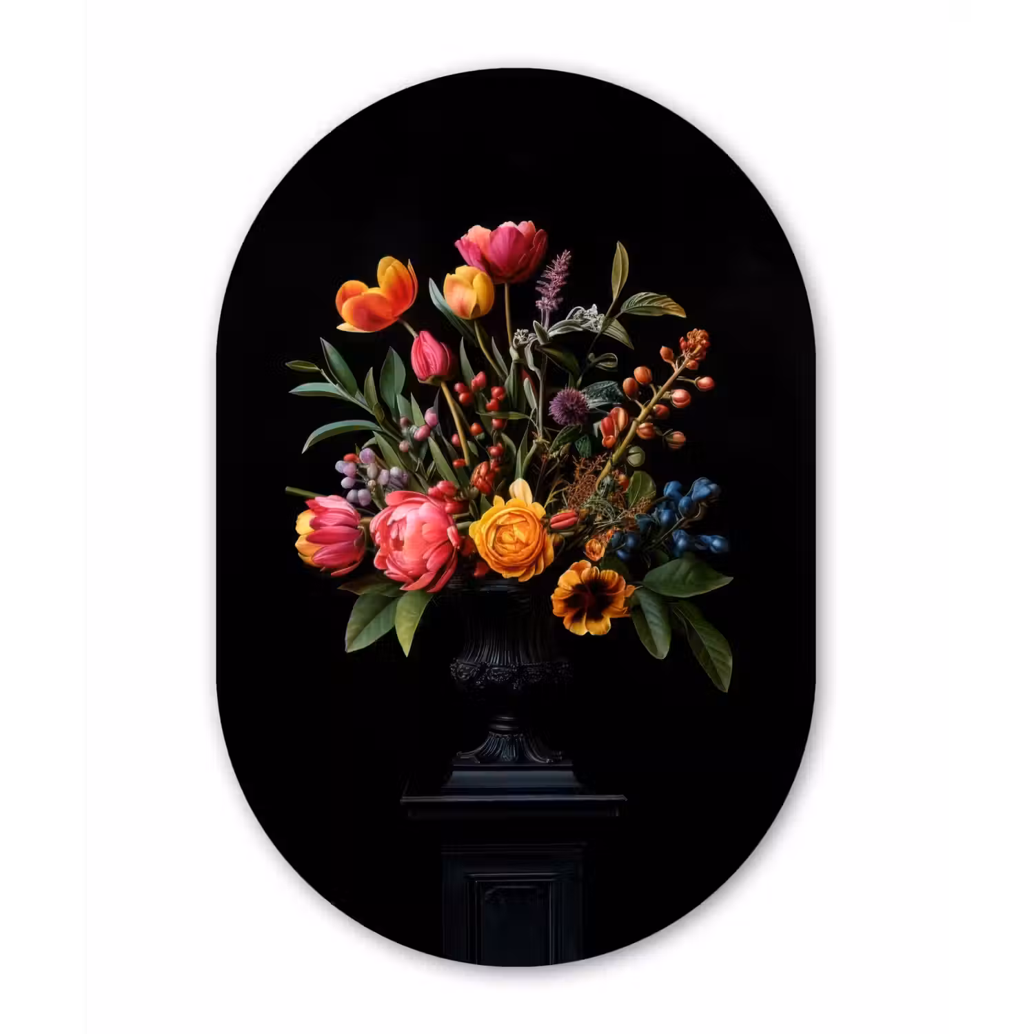 Tulpen - Bessen - Boeket - Vaas Wandcirkel Ovaal Forex klein -3d