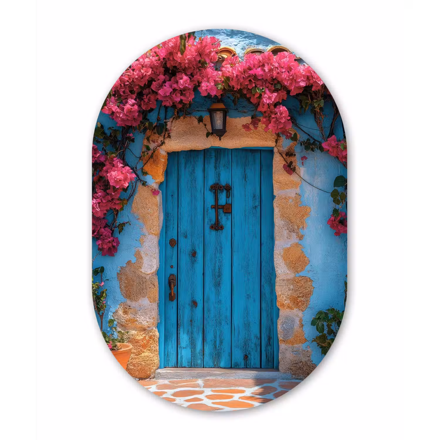 Deur - Hout - Bloemen - Blauw Wandcirkel Ovaal Forex klein -3d
