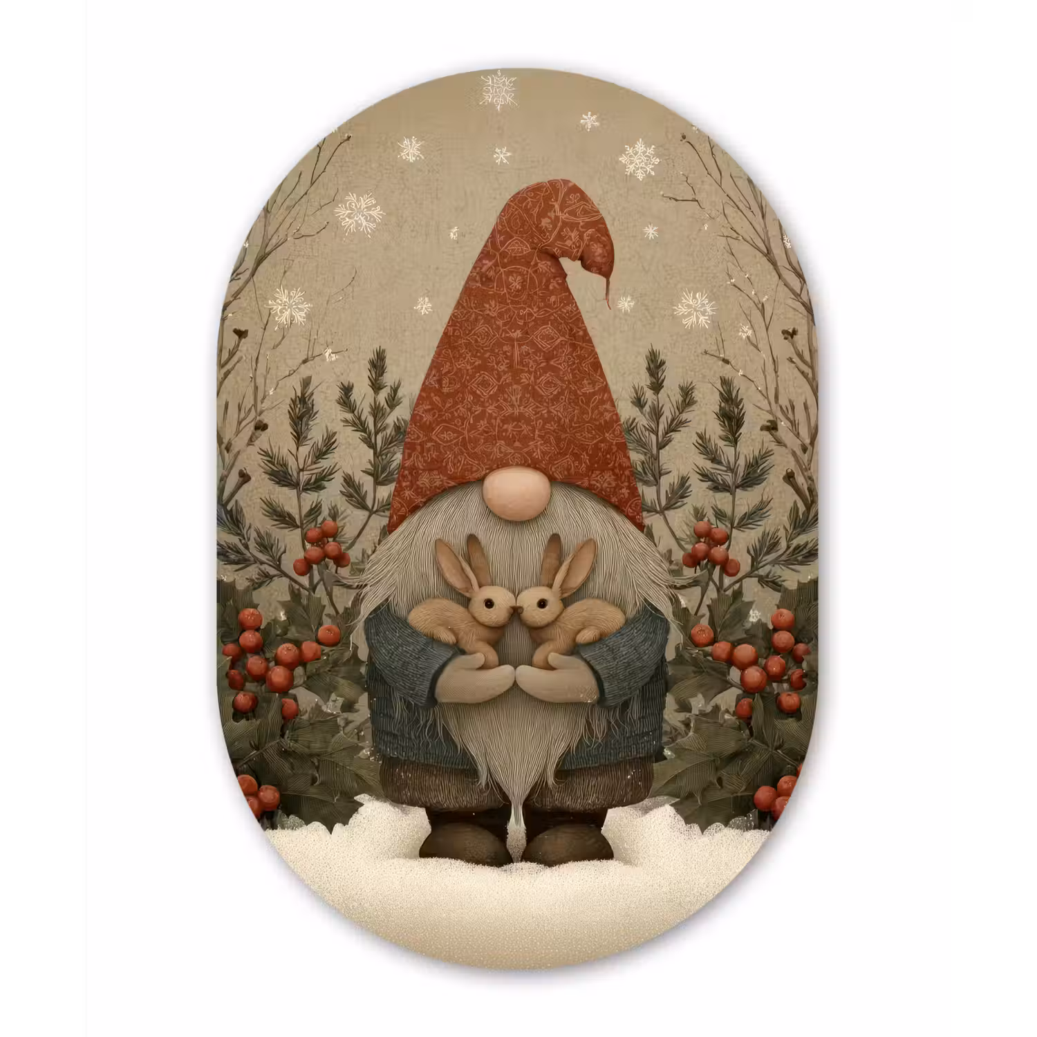 Kerstgnome - Konijntjes - Kleurrijk Wandcirkel Ovaal Forex klein -3d