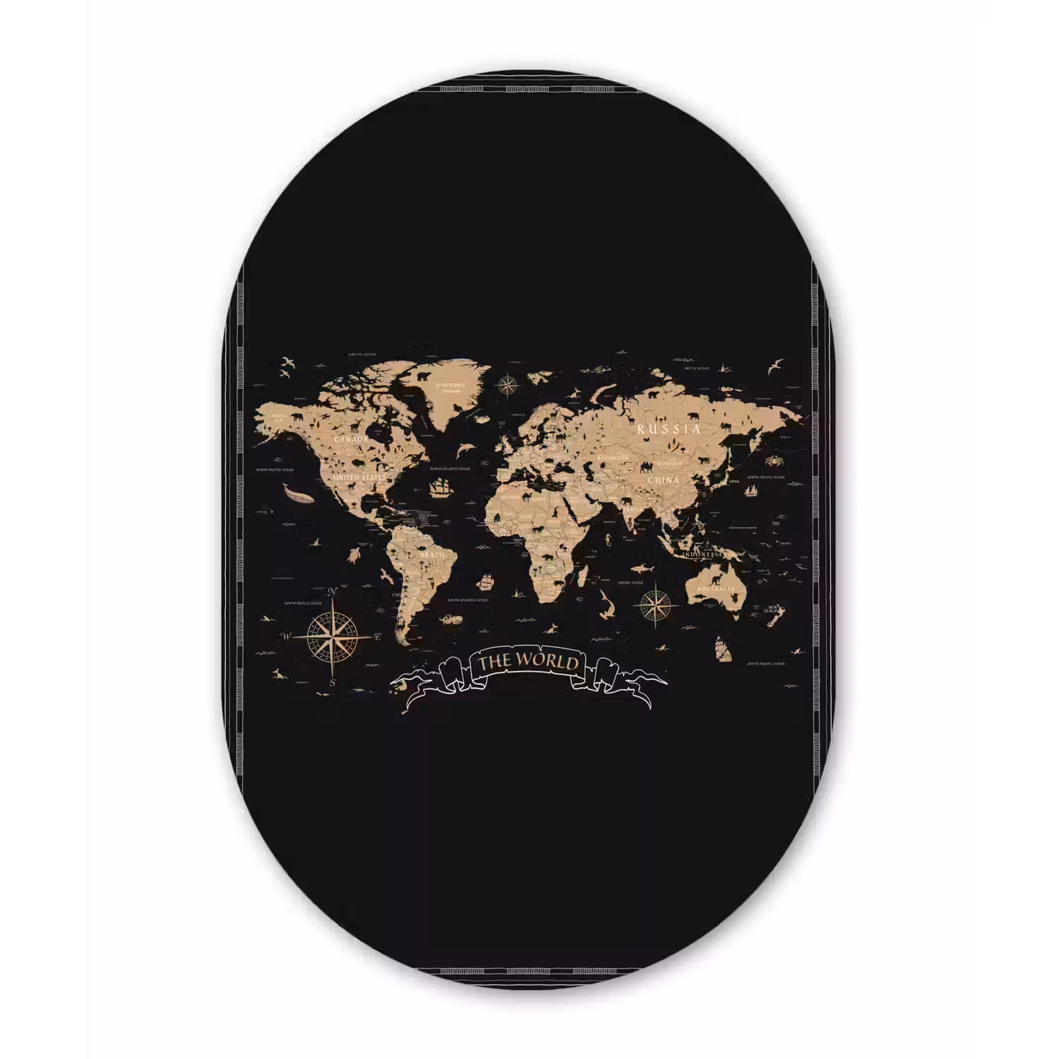 Wereldkaart - Beige - Zwart Wandcirkel Ovaal Forex klein -3d