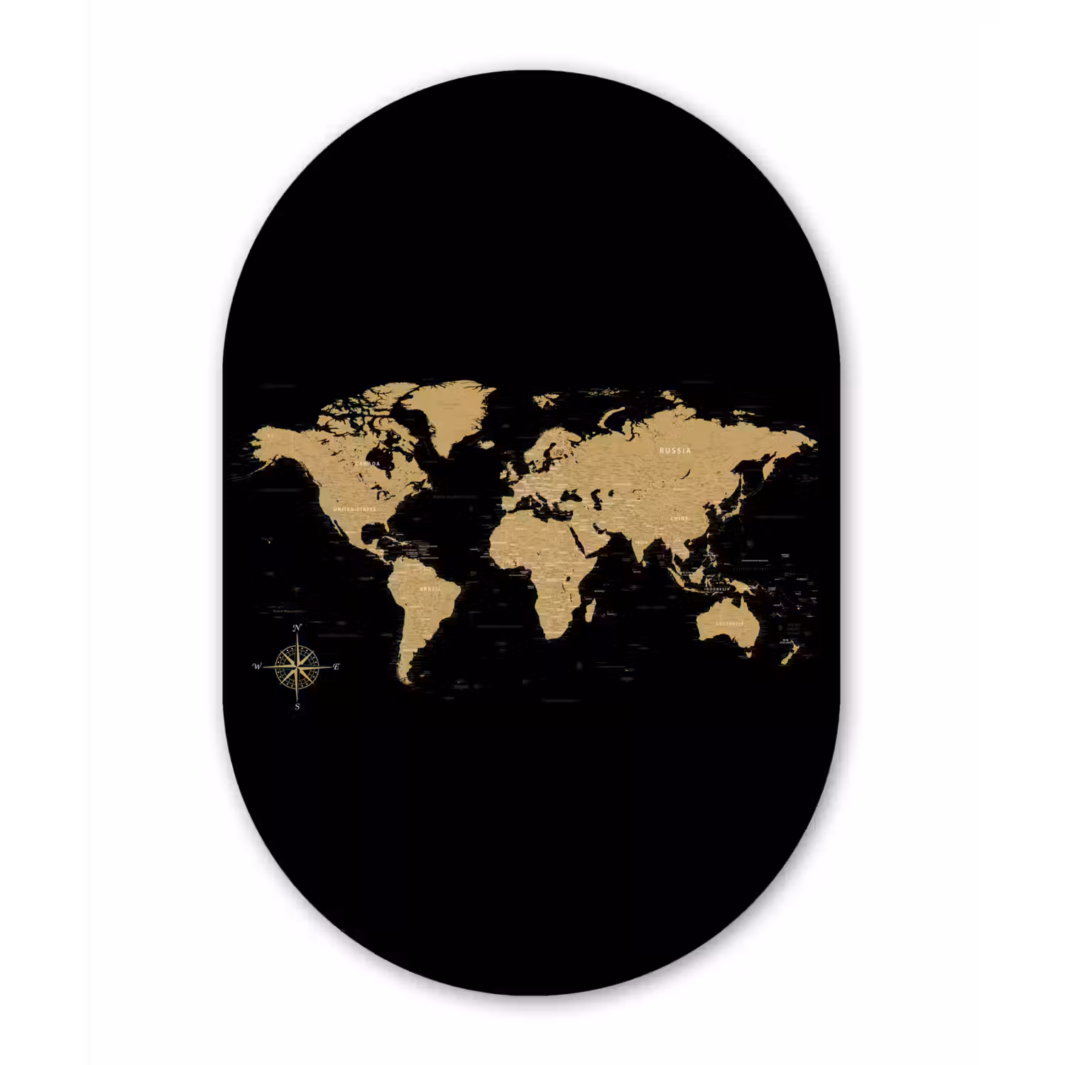 Wereldkaart - Beige - Zwart Wandcirkel Ovaal Forex klein -3d
