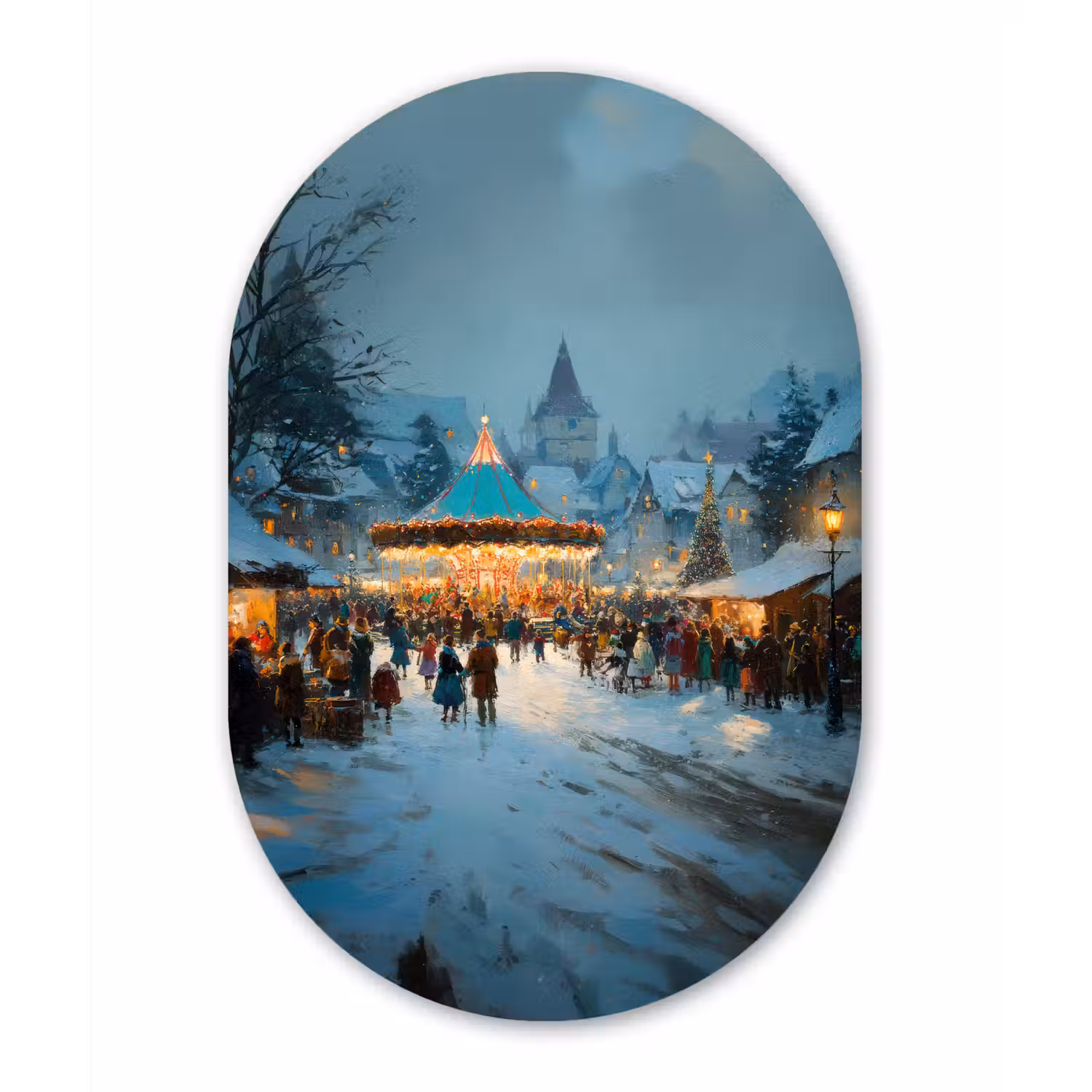 Winterkermis - Dorp - Kleurrijk Wandcirkel Ovaal Forex klein -3d