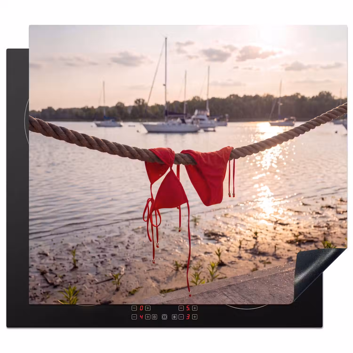 Badkleding - Rood - Zomer - Water - Zonsondergang Inductie beschermer vinyl 3mm middel -3d