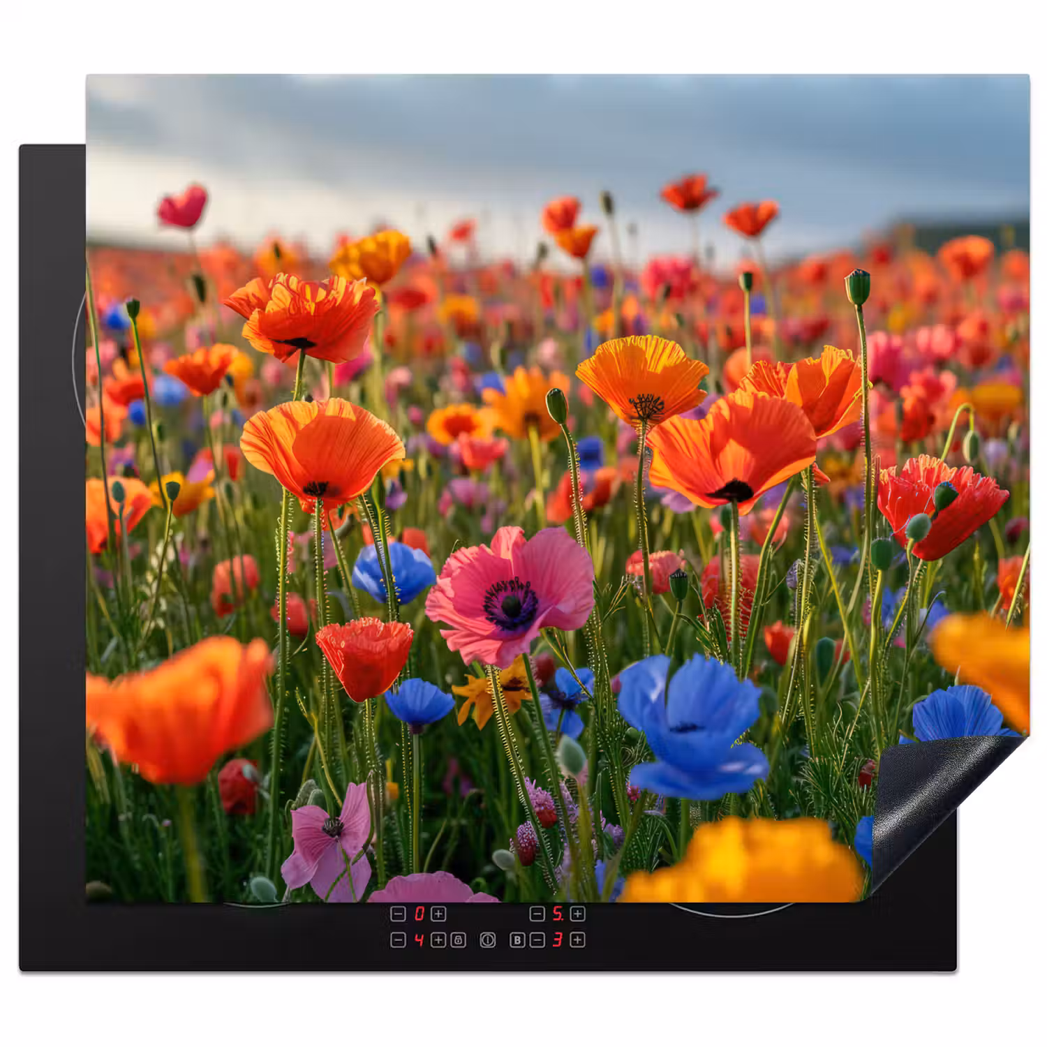 Bloemen - Kleurrijk - Bloemenveld - Planten - Oranje Inductie beschermer vinyl 3mm middel -3d